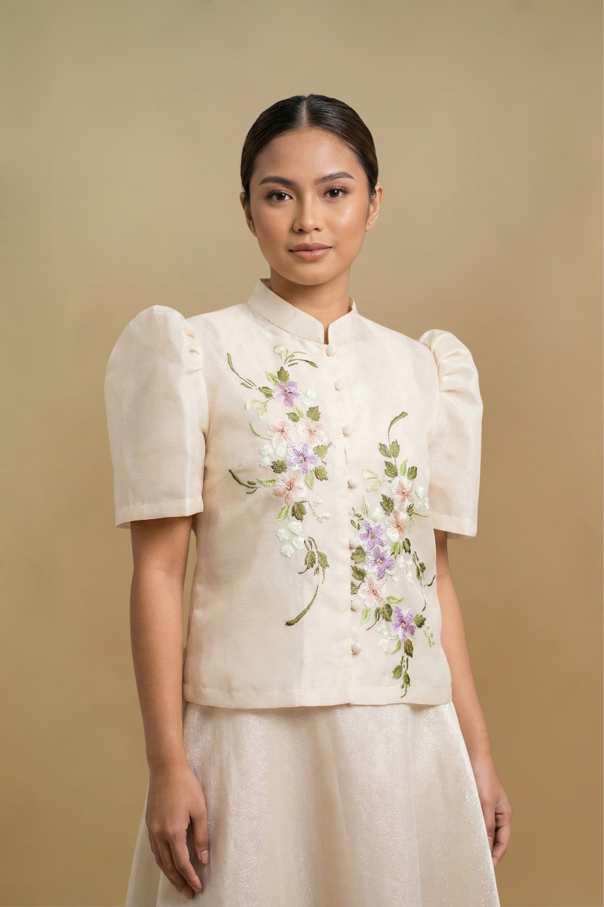 Hand-painted Filipiniana blouse with floral detail on sheer fabric