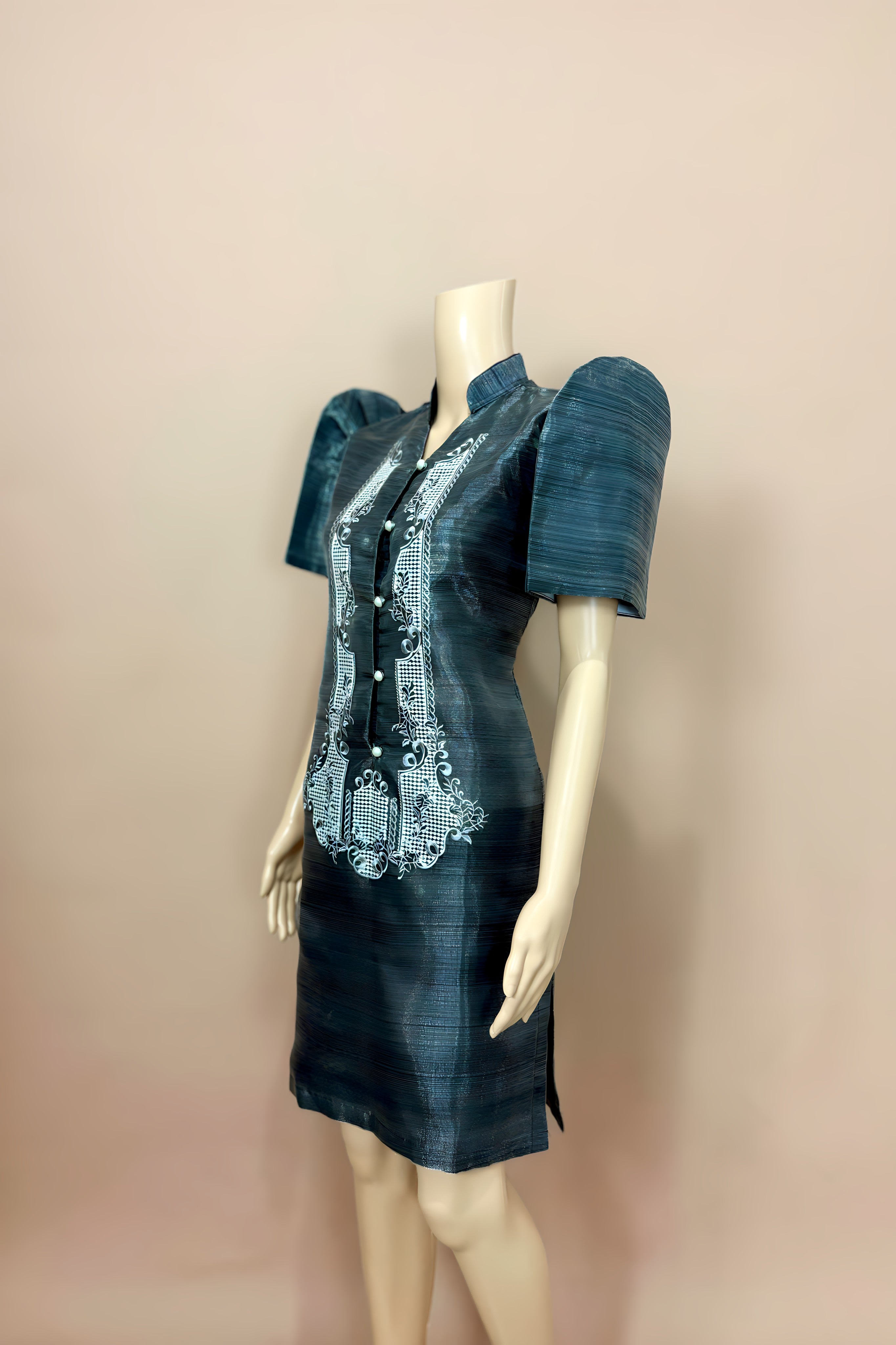 Black Barong Dress with white embroidery