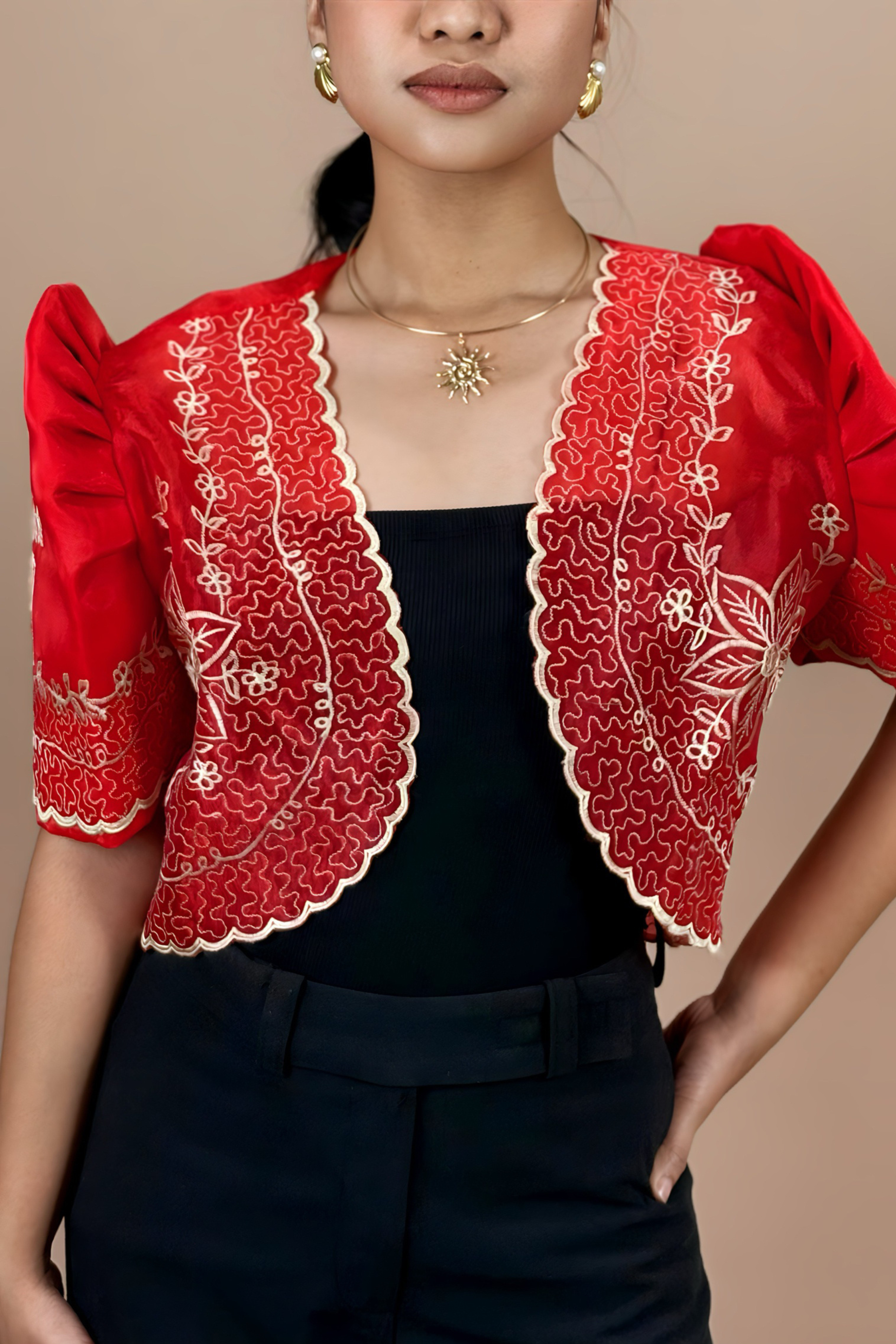 Elegant Red Filipiniana Bolero