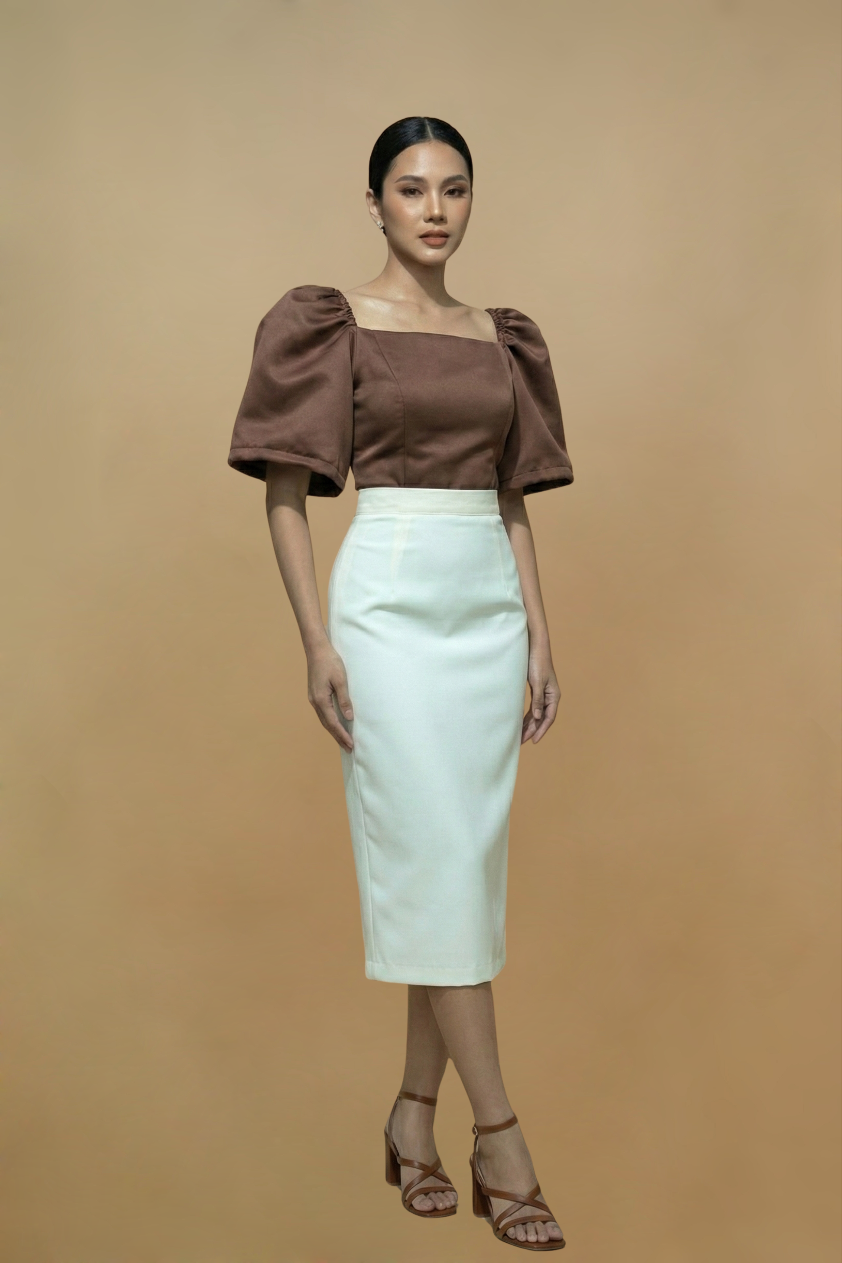 Coffee Brown Filipiniana Kimona top and white skirt