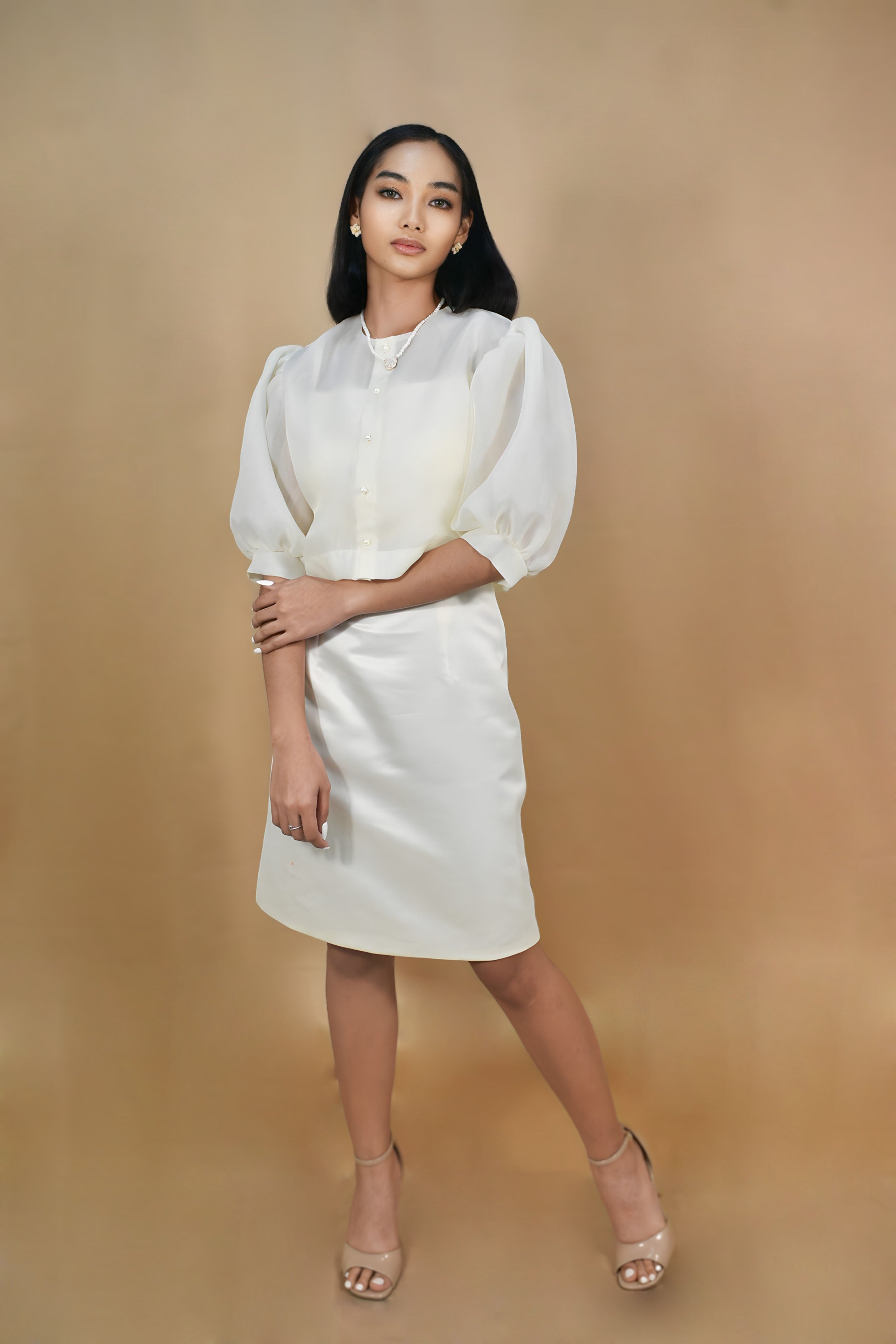 Cloud organdy Filipiniana top with puff sleeves and white buttons