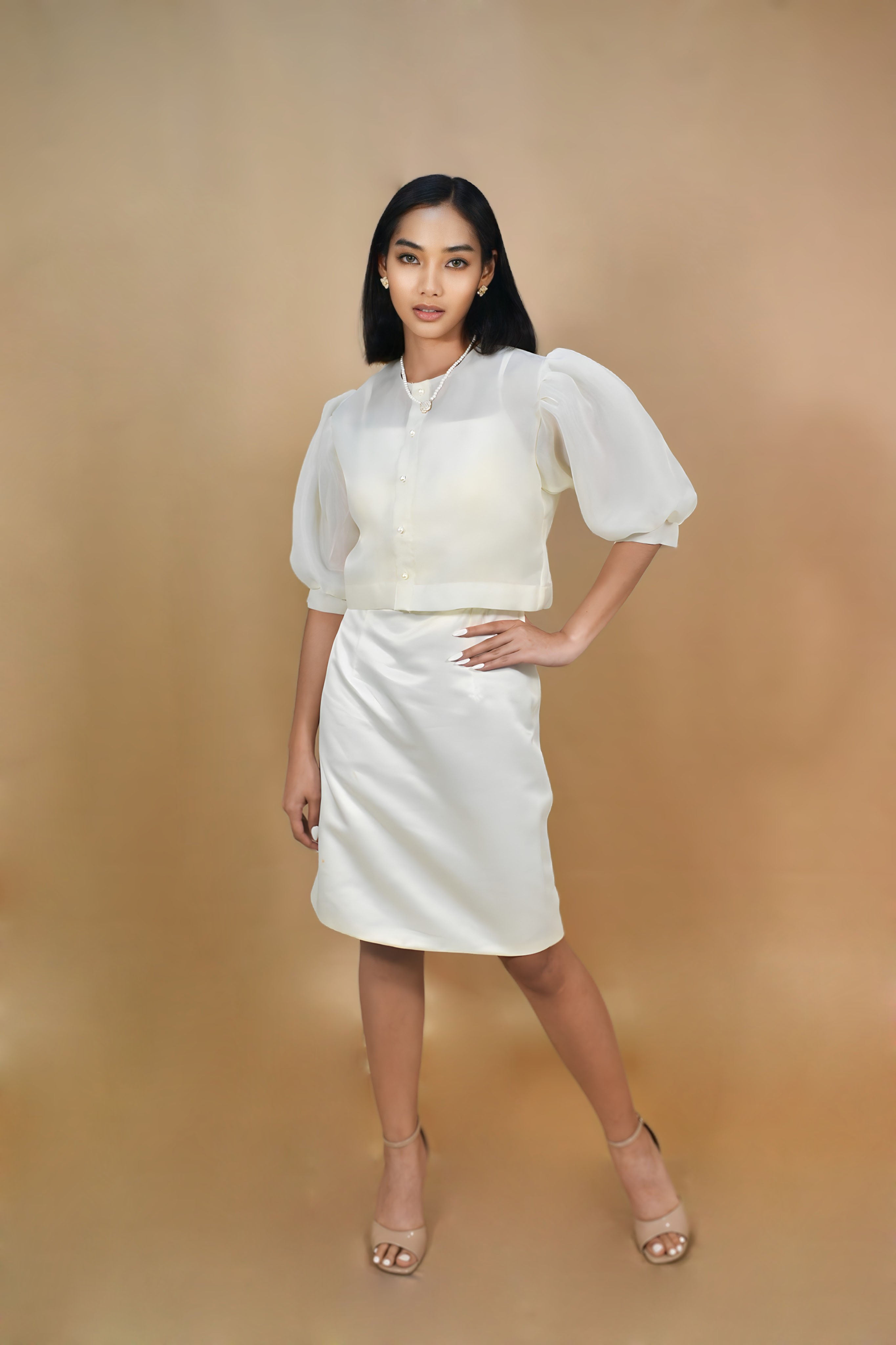 Off-white Filipiniana top with puff sleeves and button details