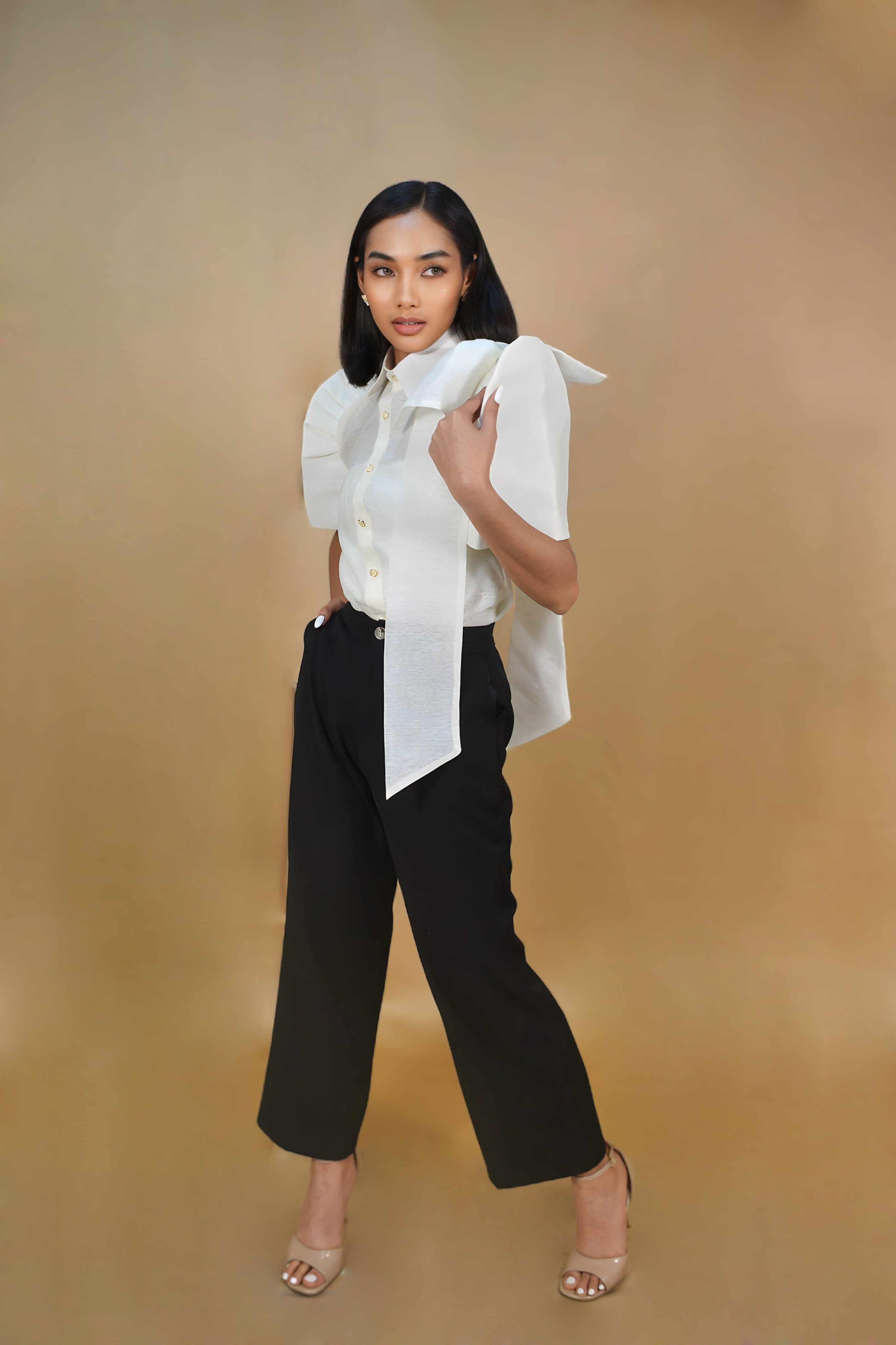 White Filipiniana with Butterfly Sleeves for Women