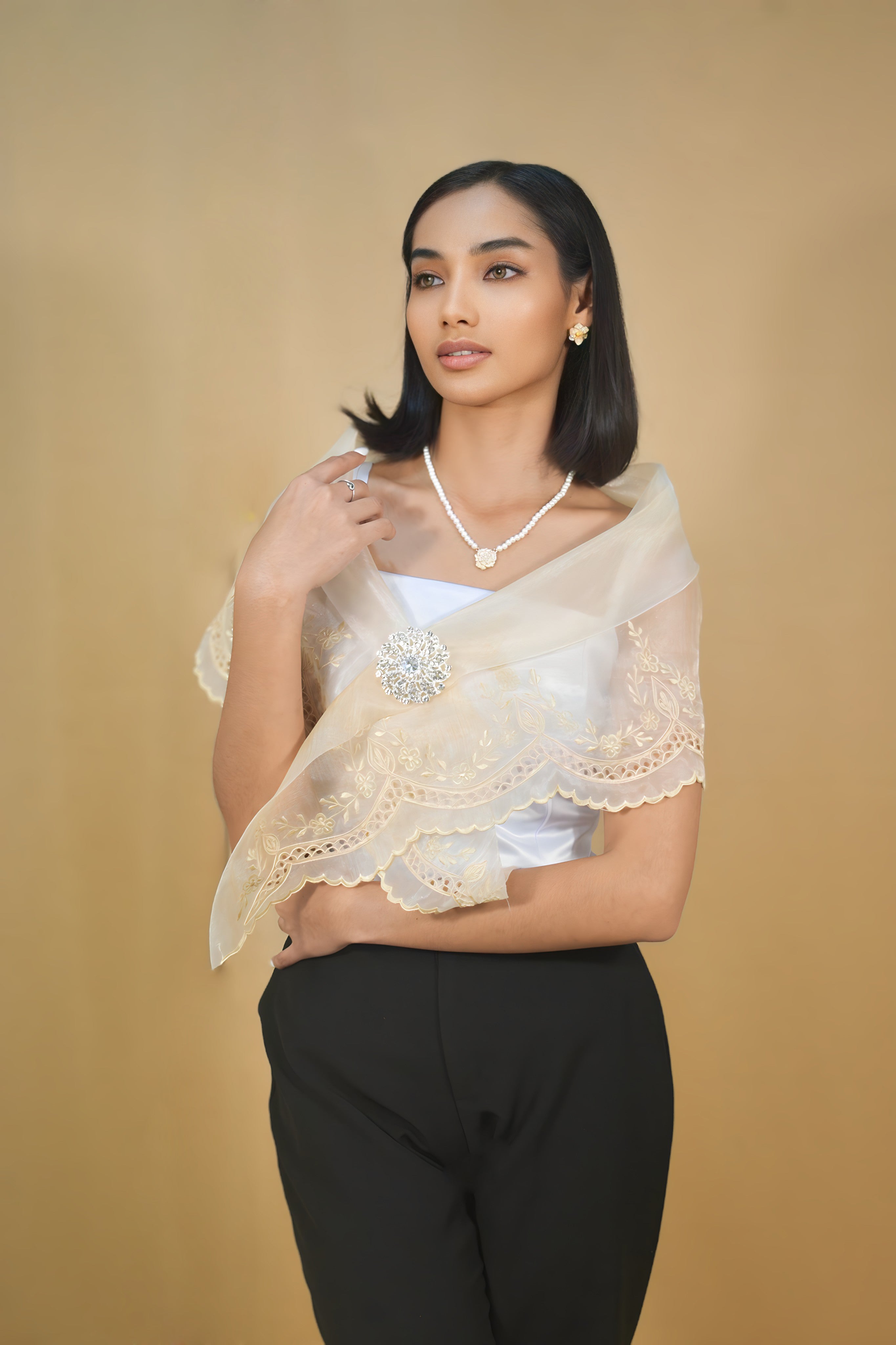 Beige Alampay with Brooch for Women