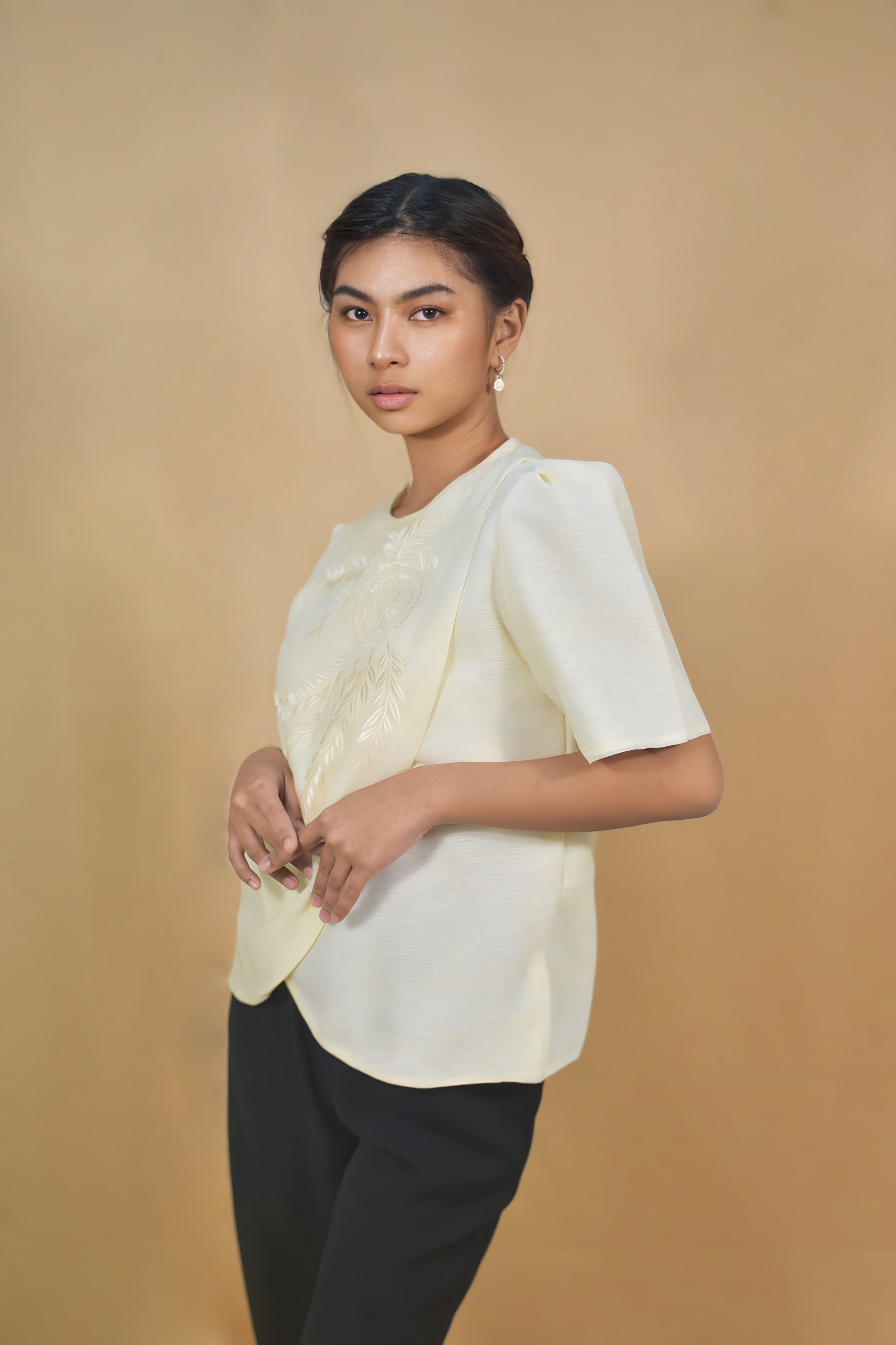 Soft Yellow Filipiniana Blouse with Premium Embroidery