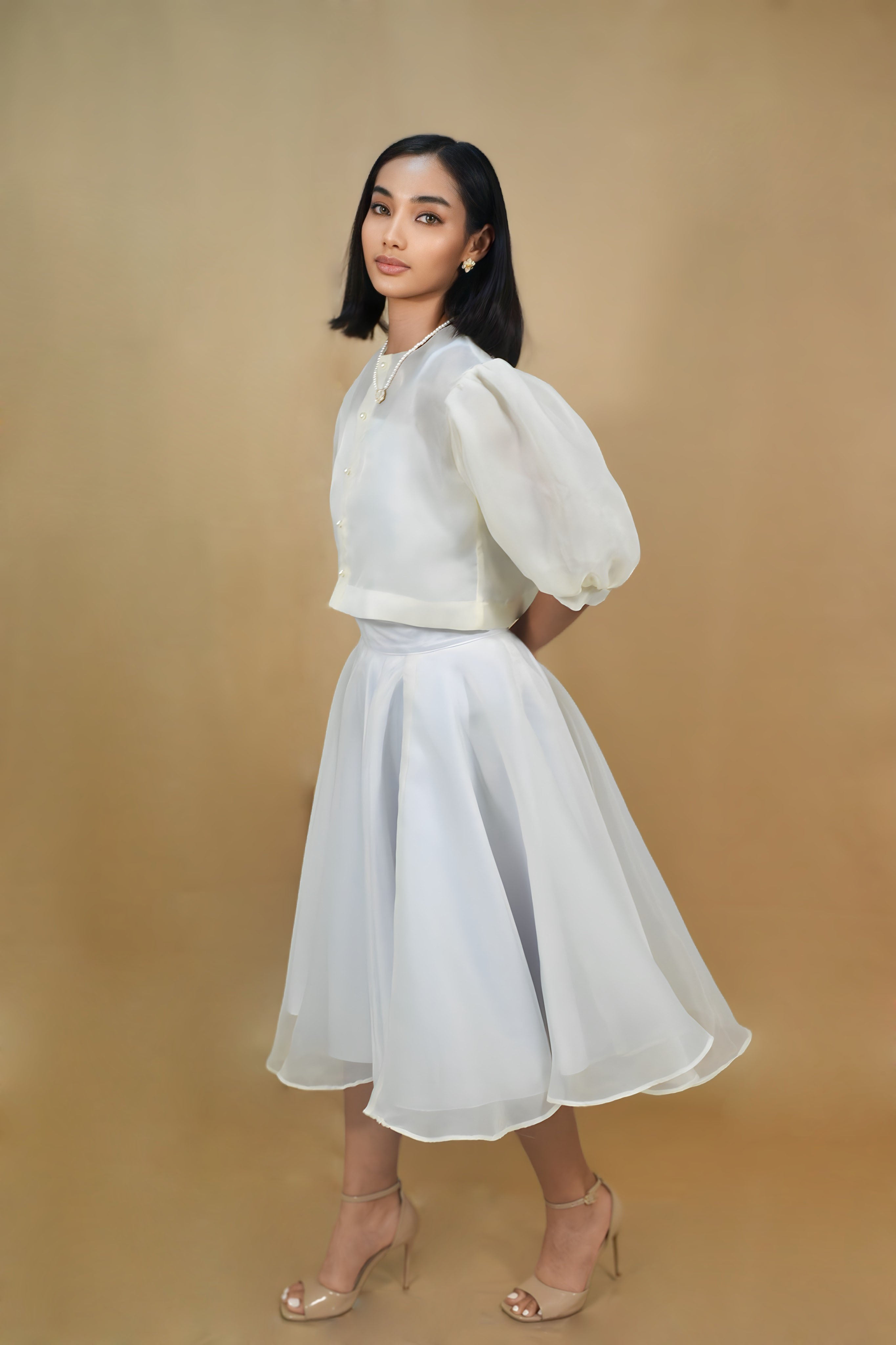 Elegant Filipiniana Top and Flowy White Skirt Set