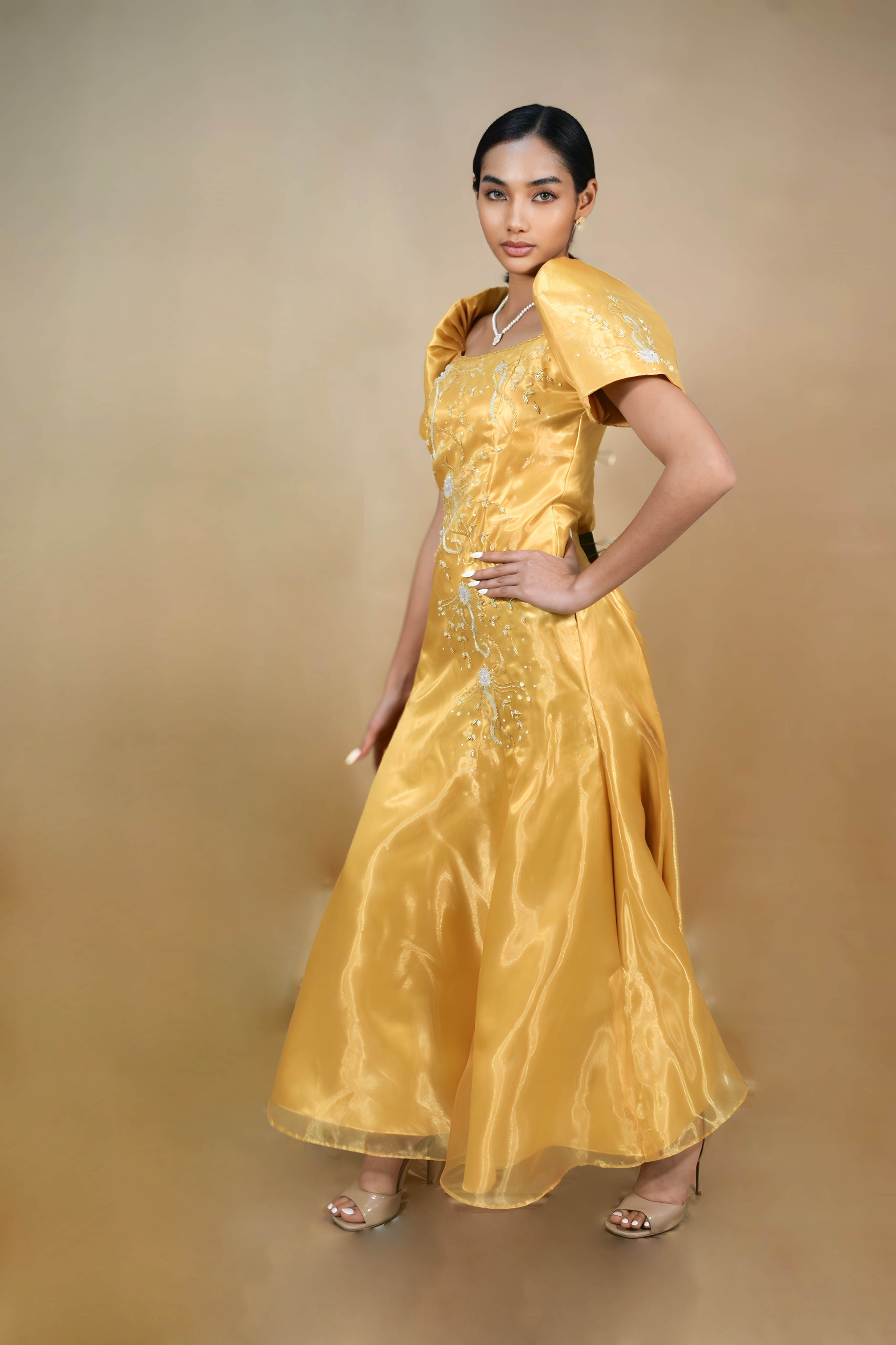 Premium Golden Filipiniana Dress with Golden Lining for Special Events