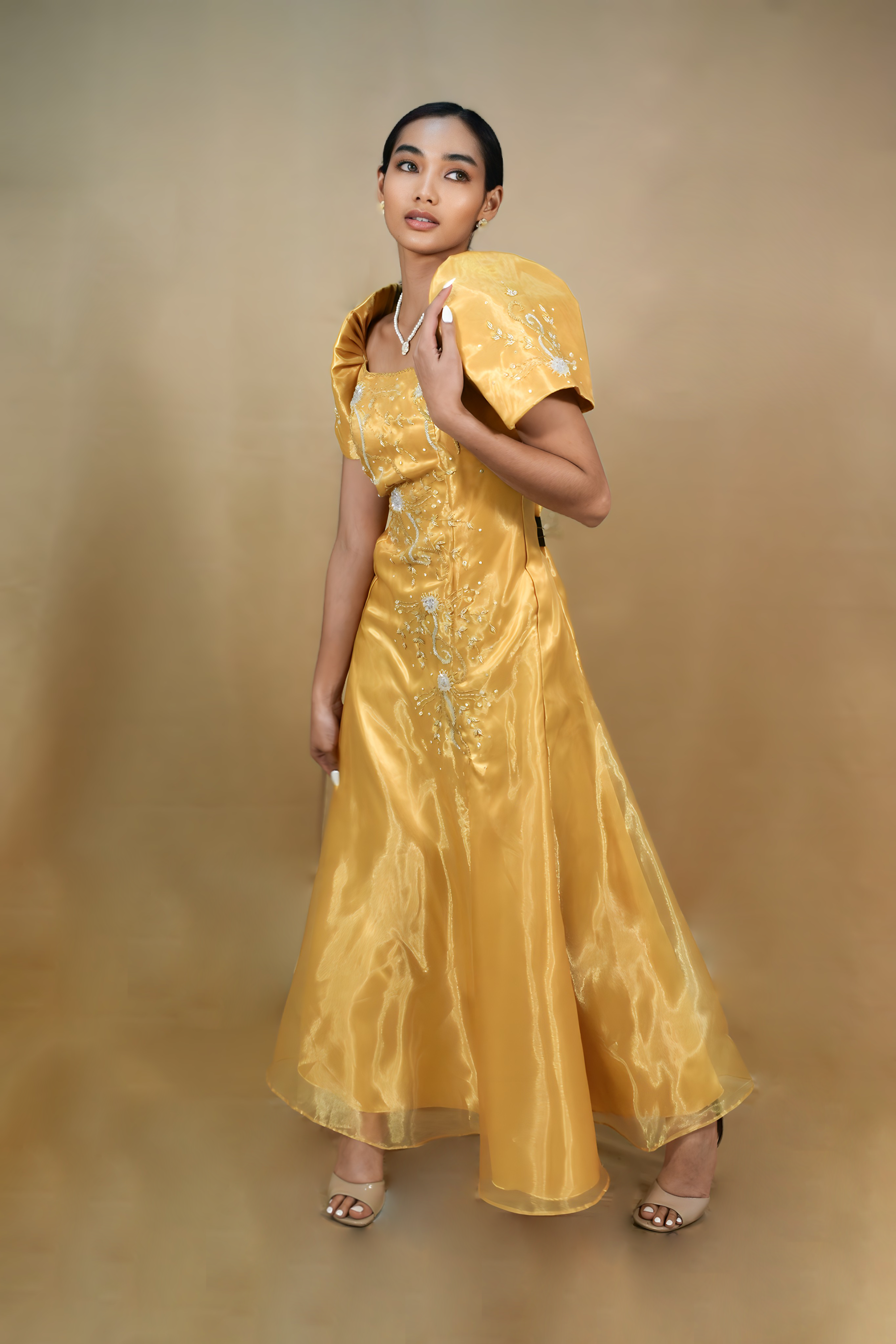 Golden Filipiniana Dress with Flower design