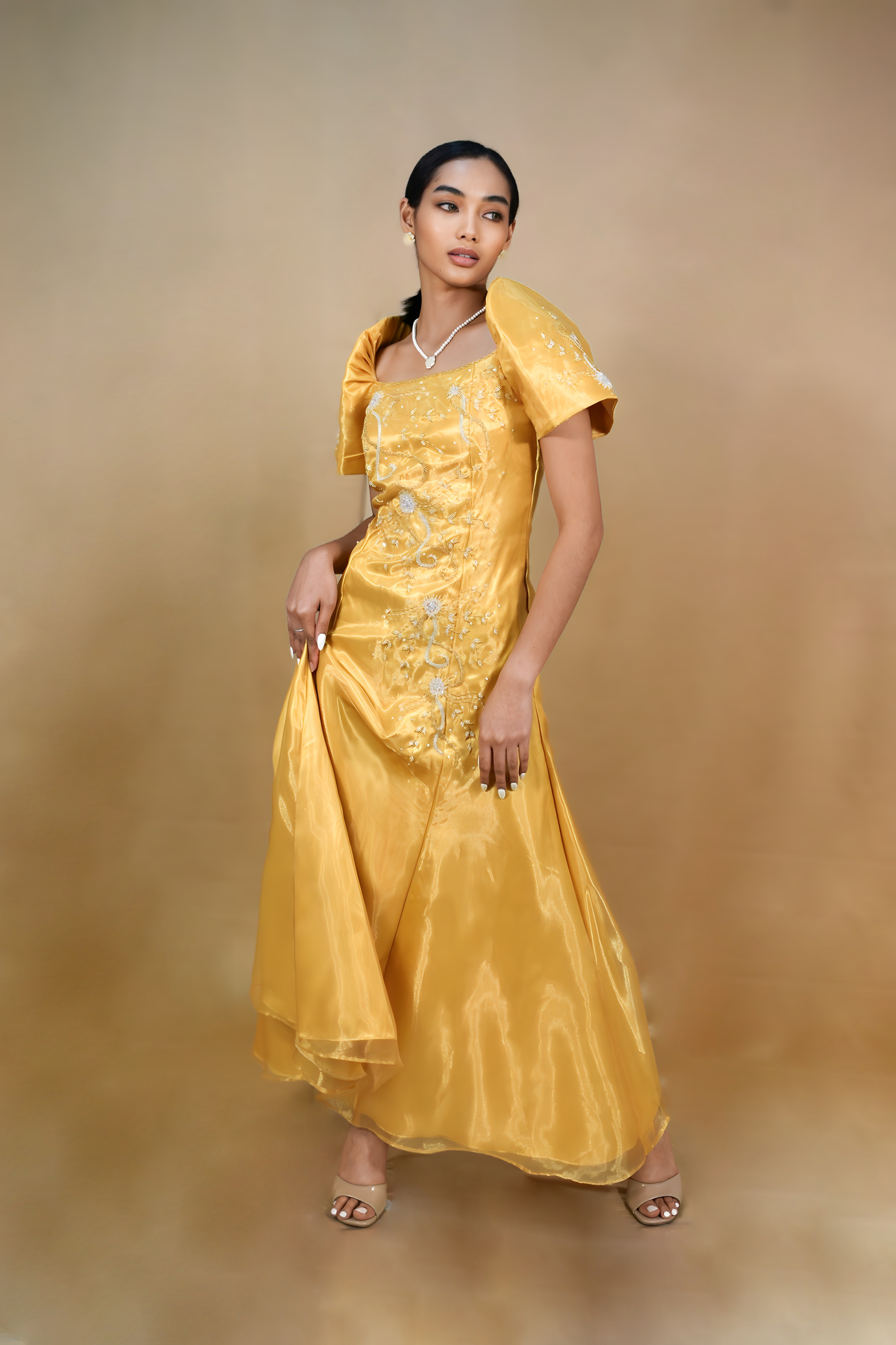 Golden Filipiniana Dress with Butterfly Sleeves Gown