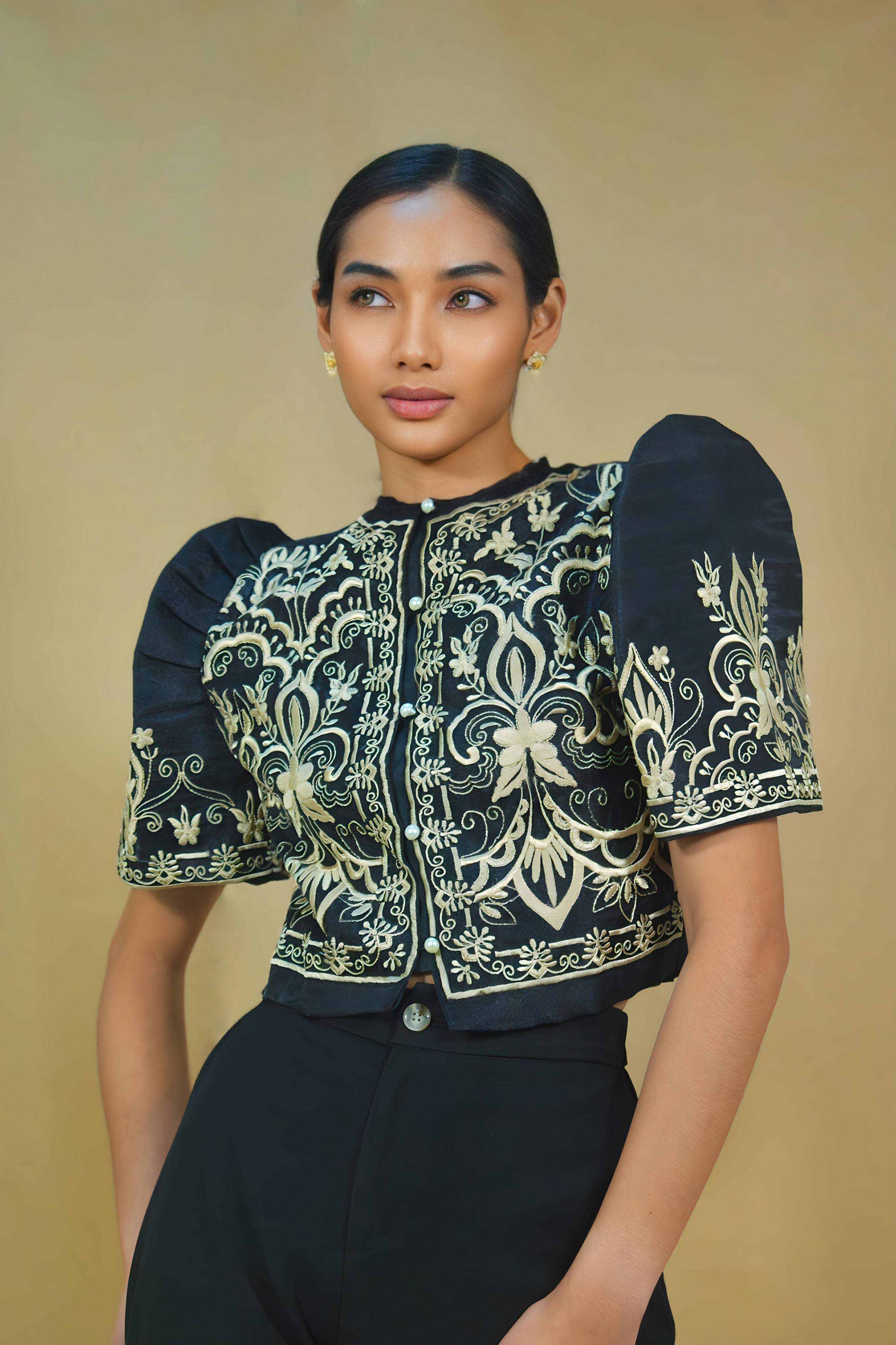 Filipiniana Black Embroidered Bolero with Puff Sleeves
