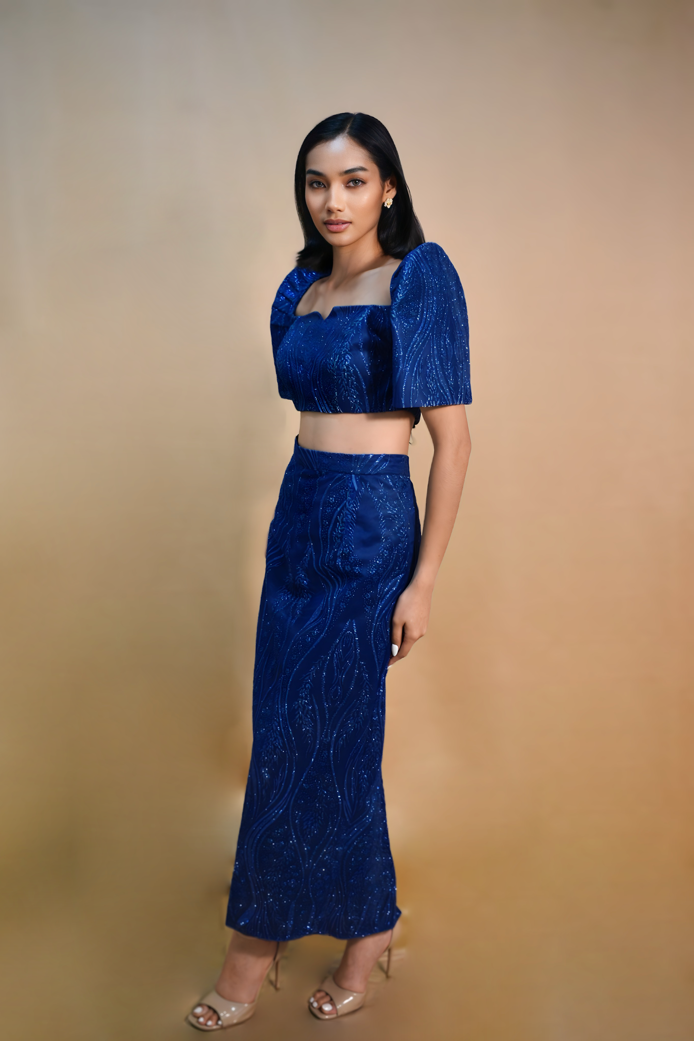Fashionable Blue Filipiniana Dress Set