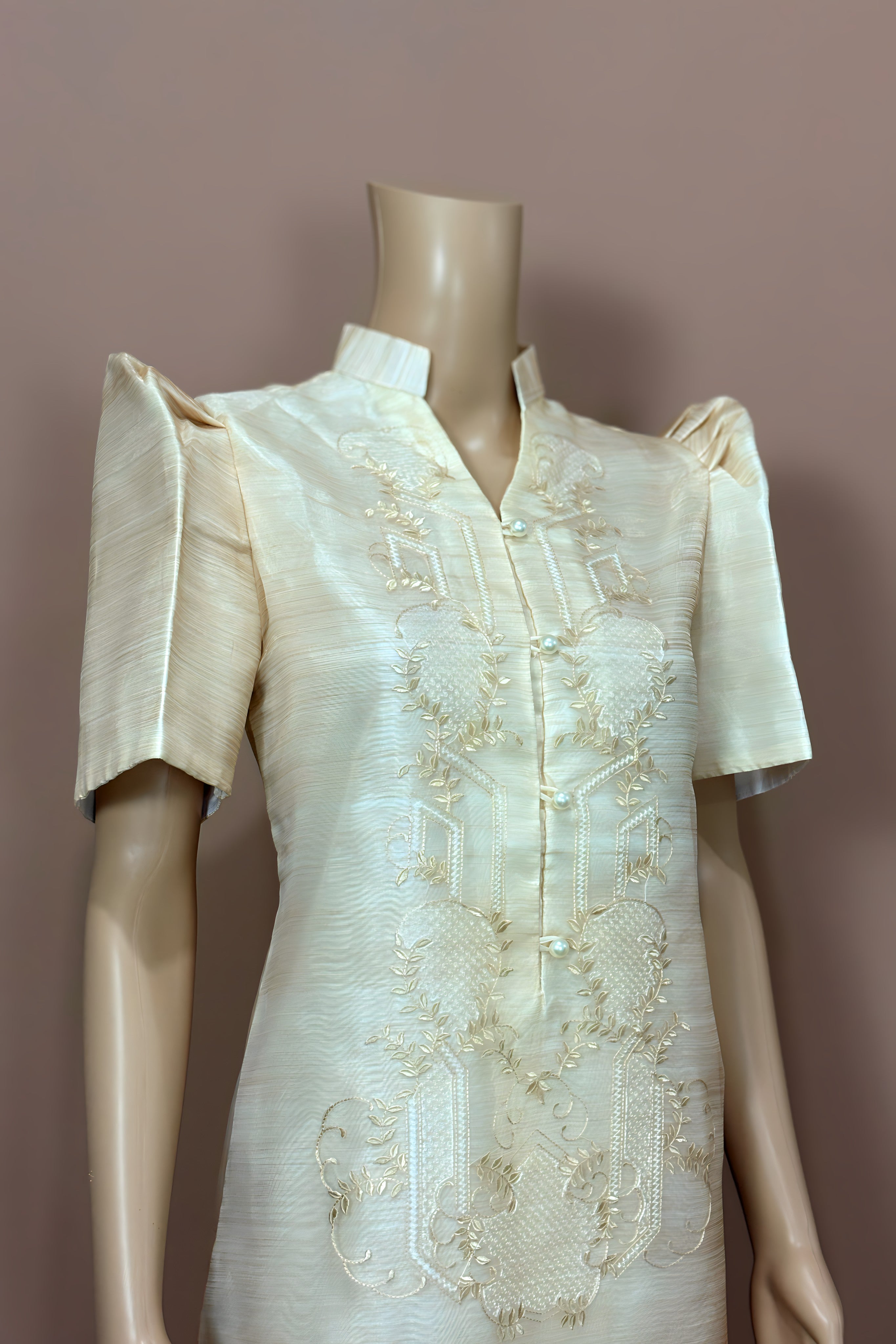 Beige Barong Dress with gold embroidery