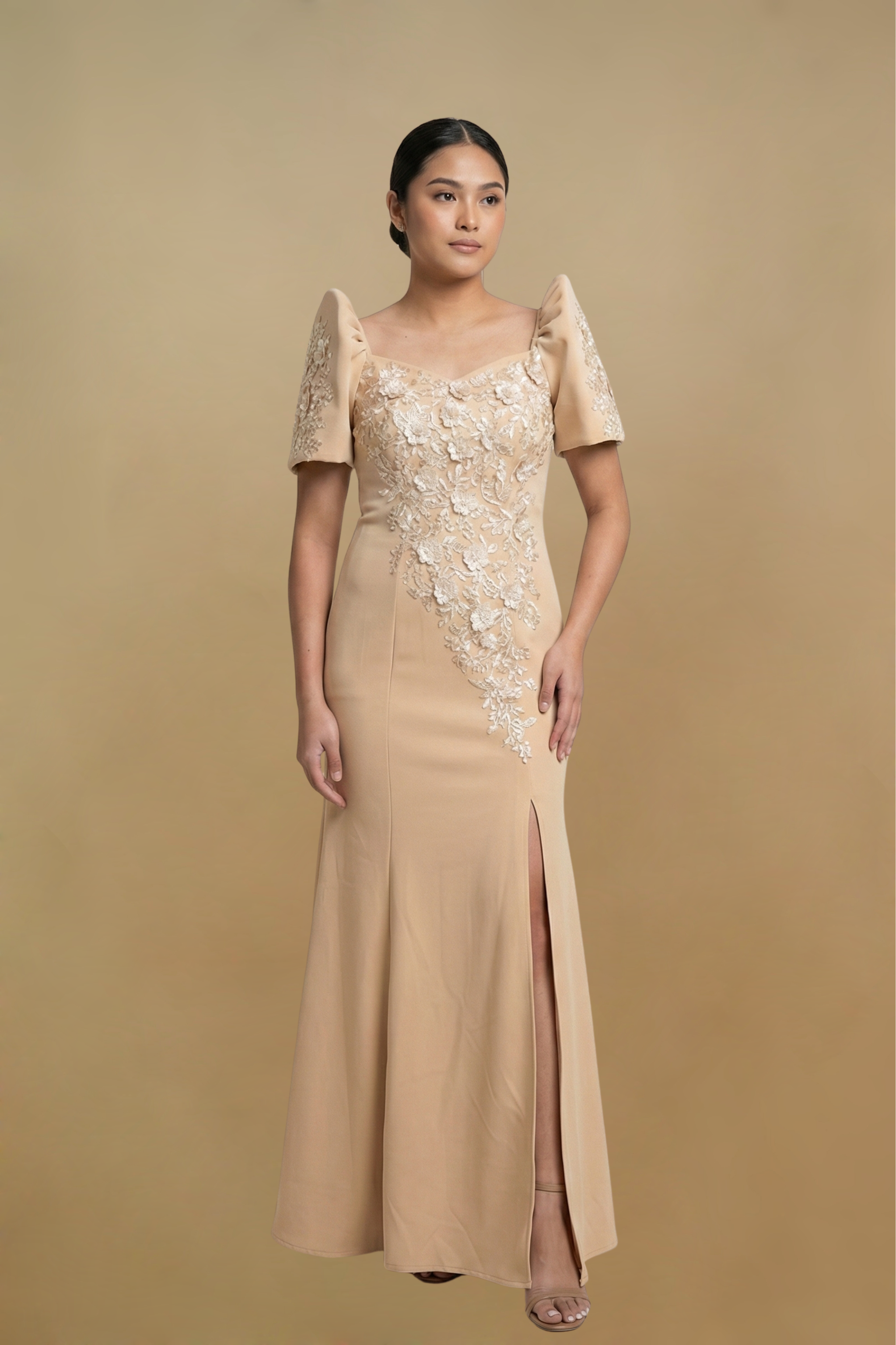 Beige Filipiniana Dress For Adults WD20 Filipiniana Chiffon Gown Beige  Custom Order (Input Measurements In Order