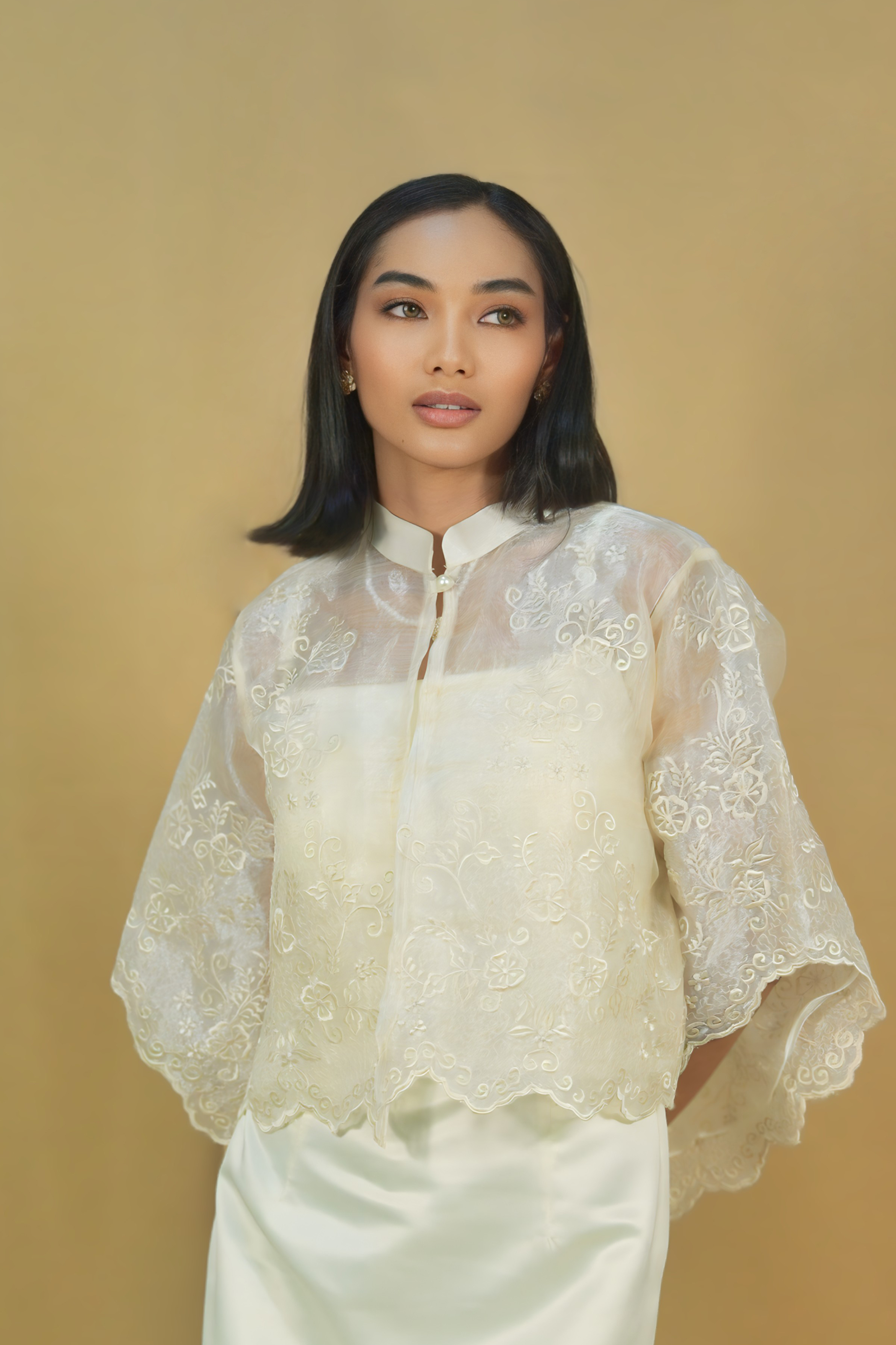 Elegant Beige Organza Filipiniana Kimona with Floral Embroidery for Women