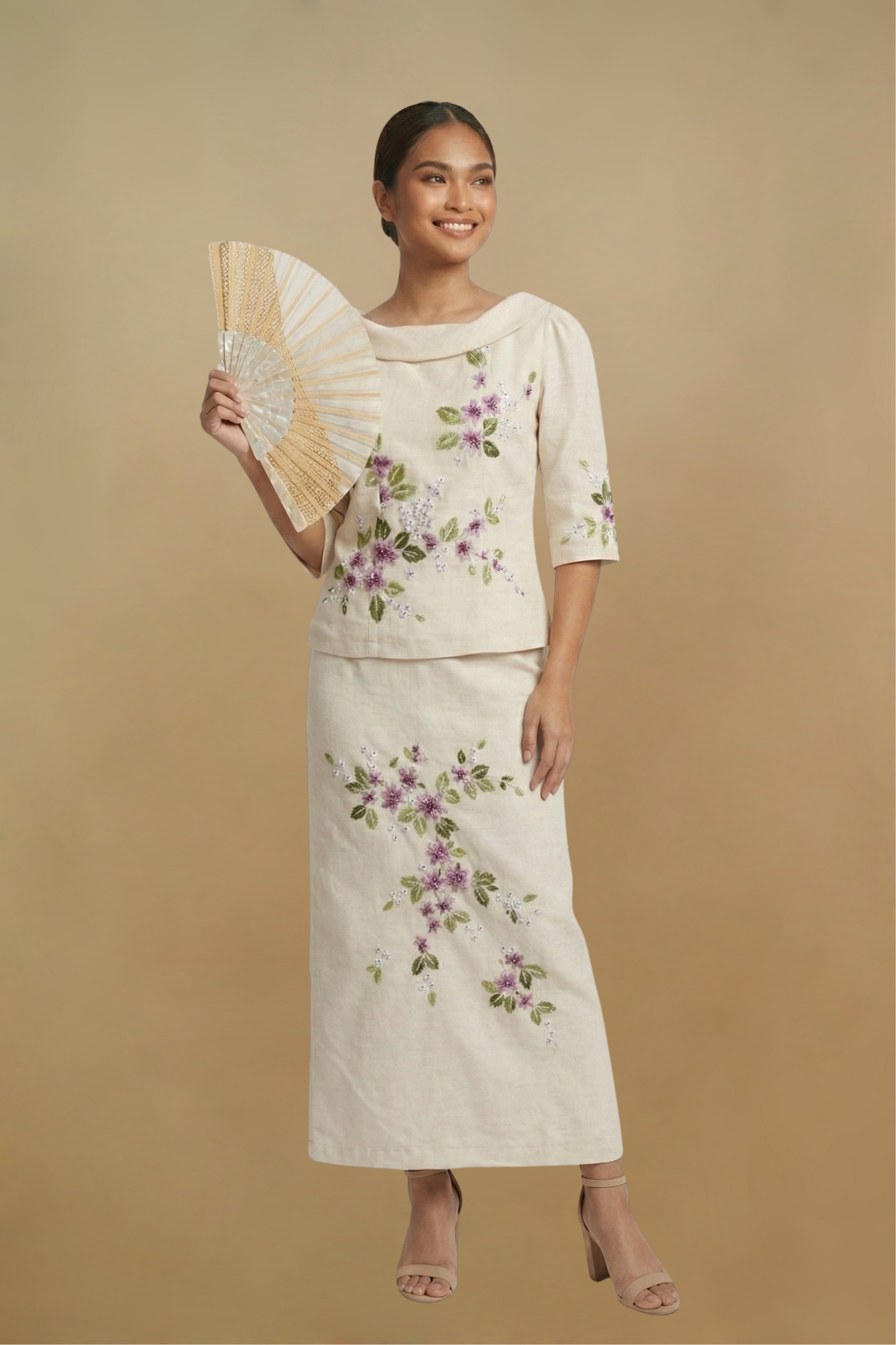 Terno Filipiniana Dress with floral hand-painted