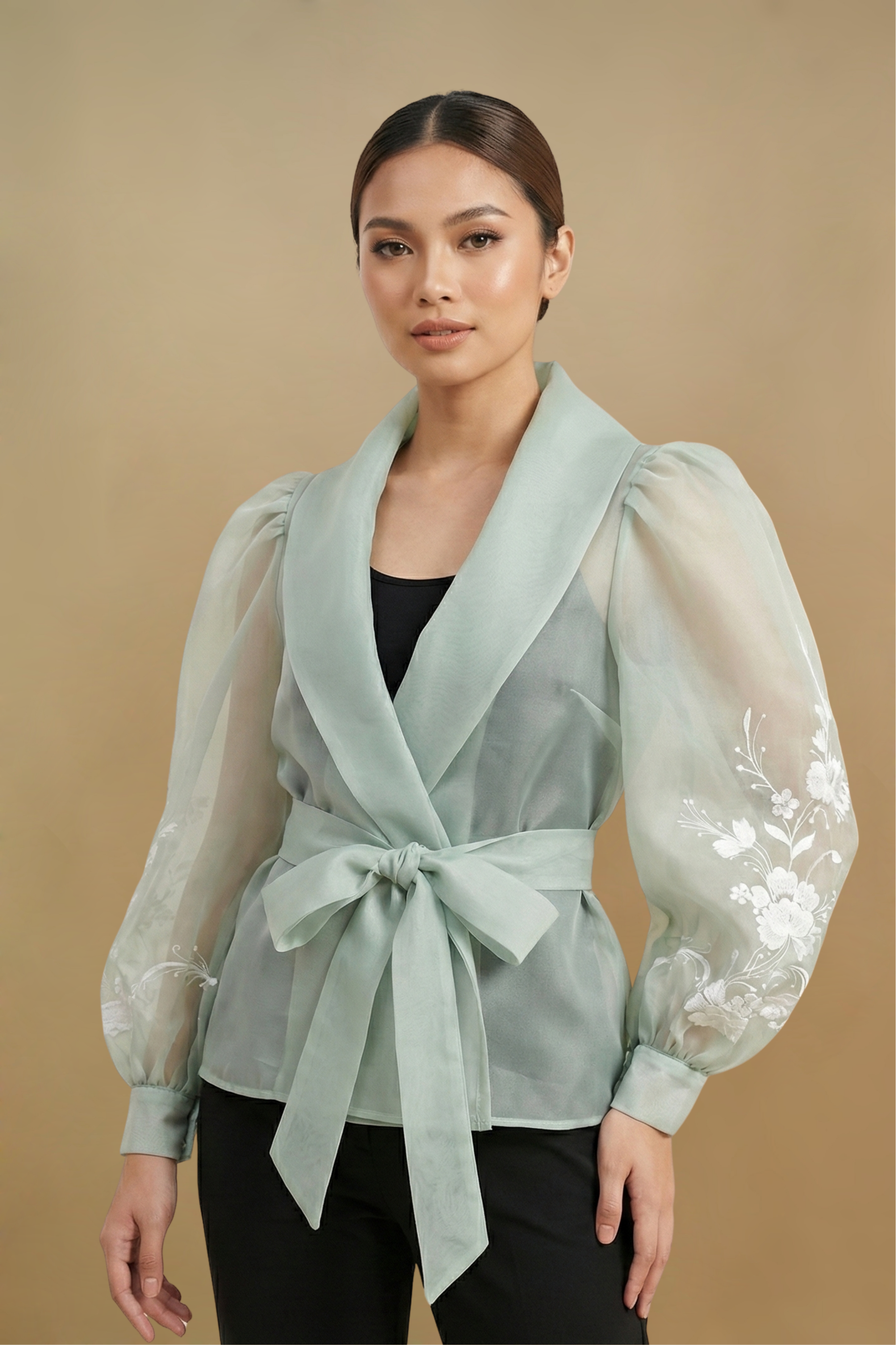 Powder Green Hand-Painted Filipiniana Panuelo
