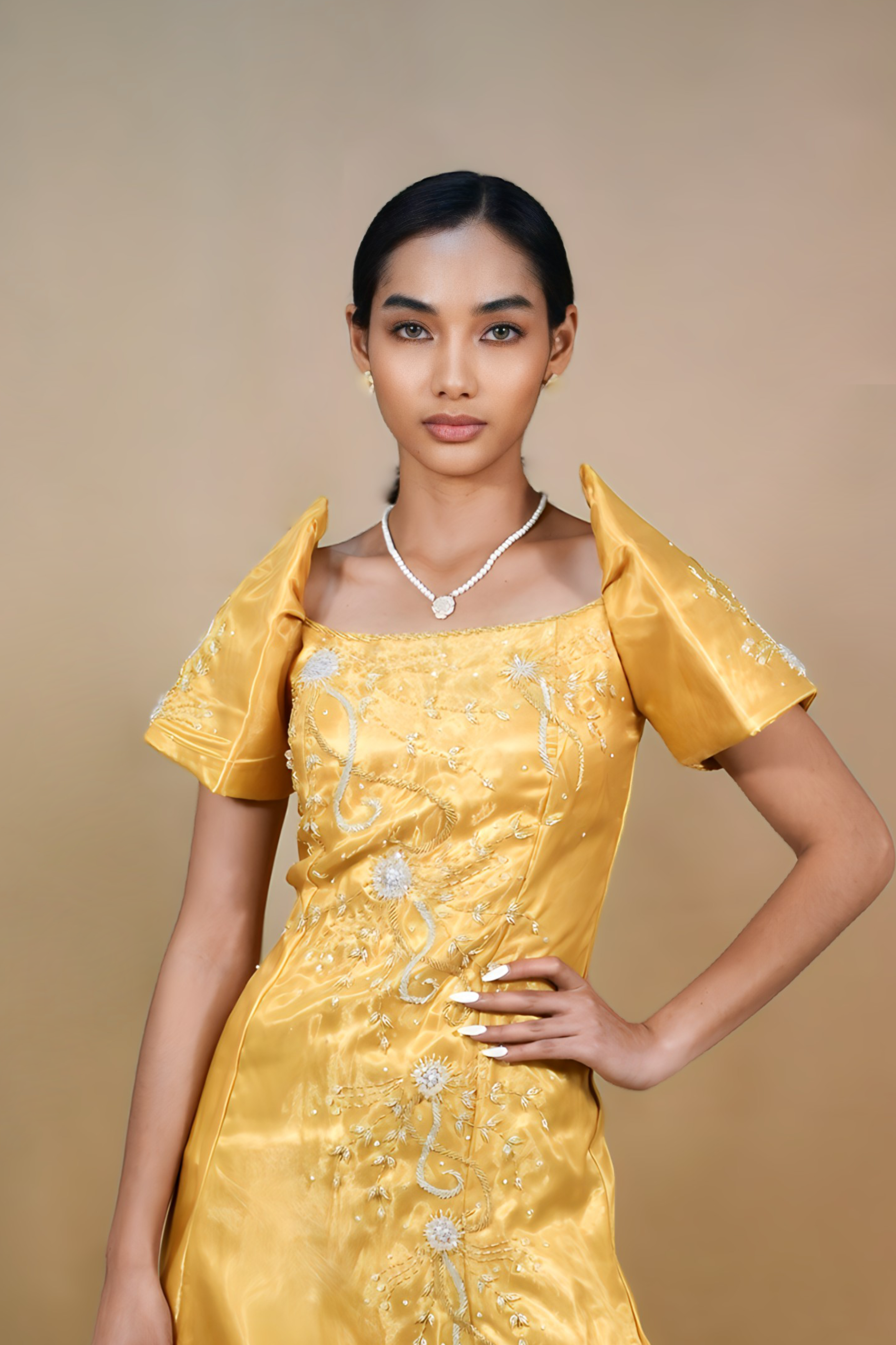 Elegant Golden Yellow Organza Filipiniana Dress for Women