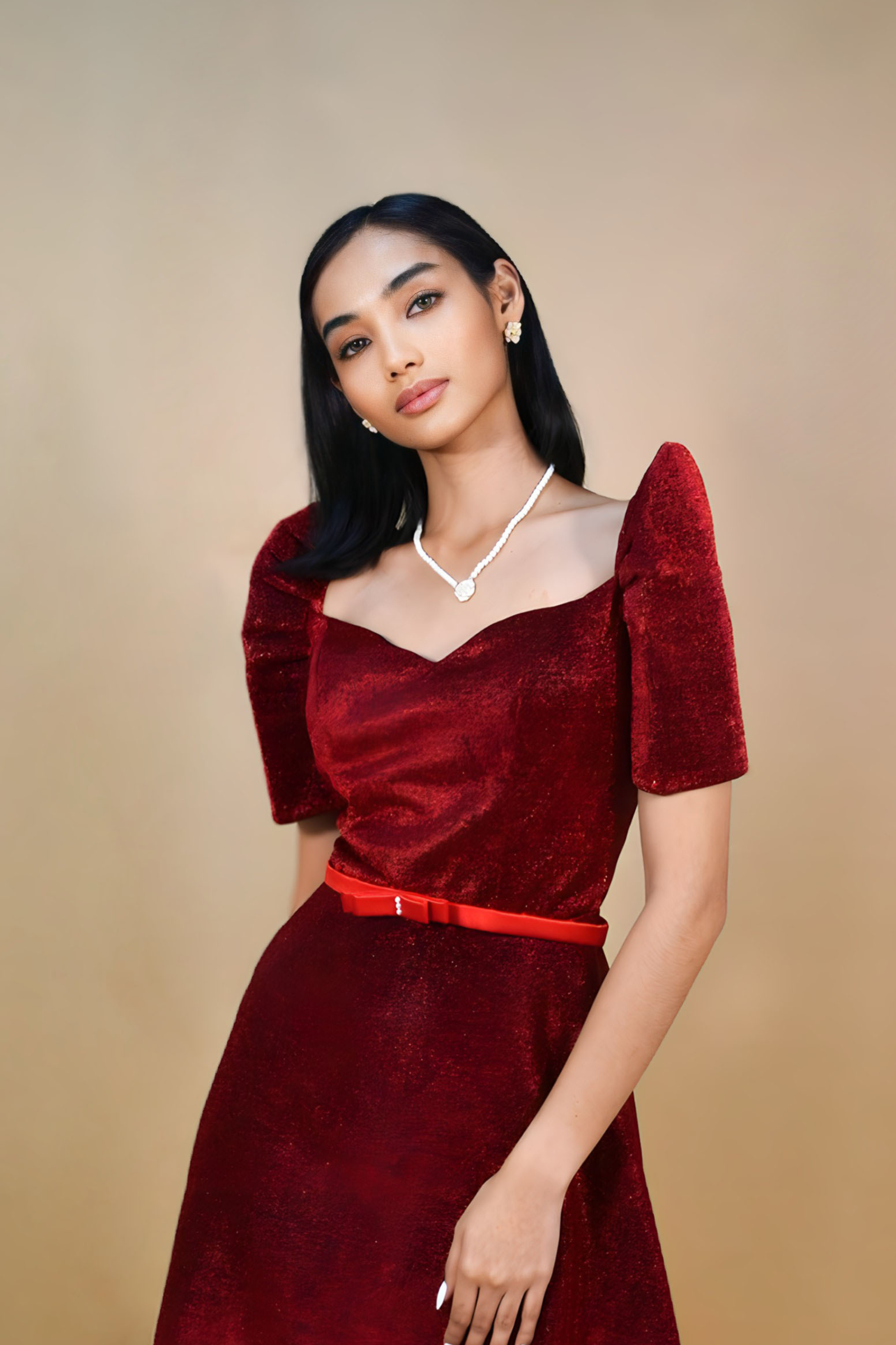 Pretty Red Filipiniana Dress with Belt for Women