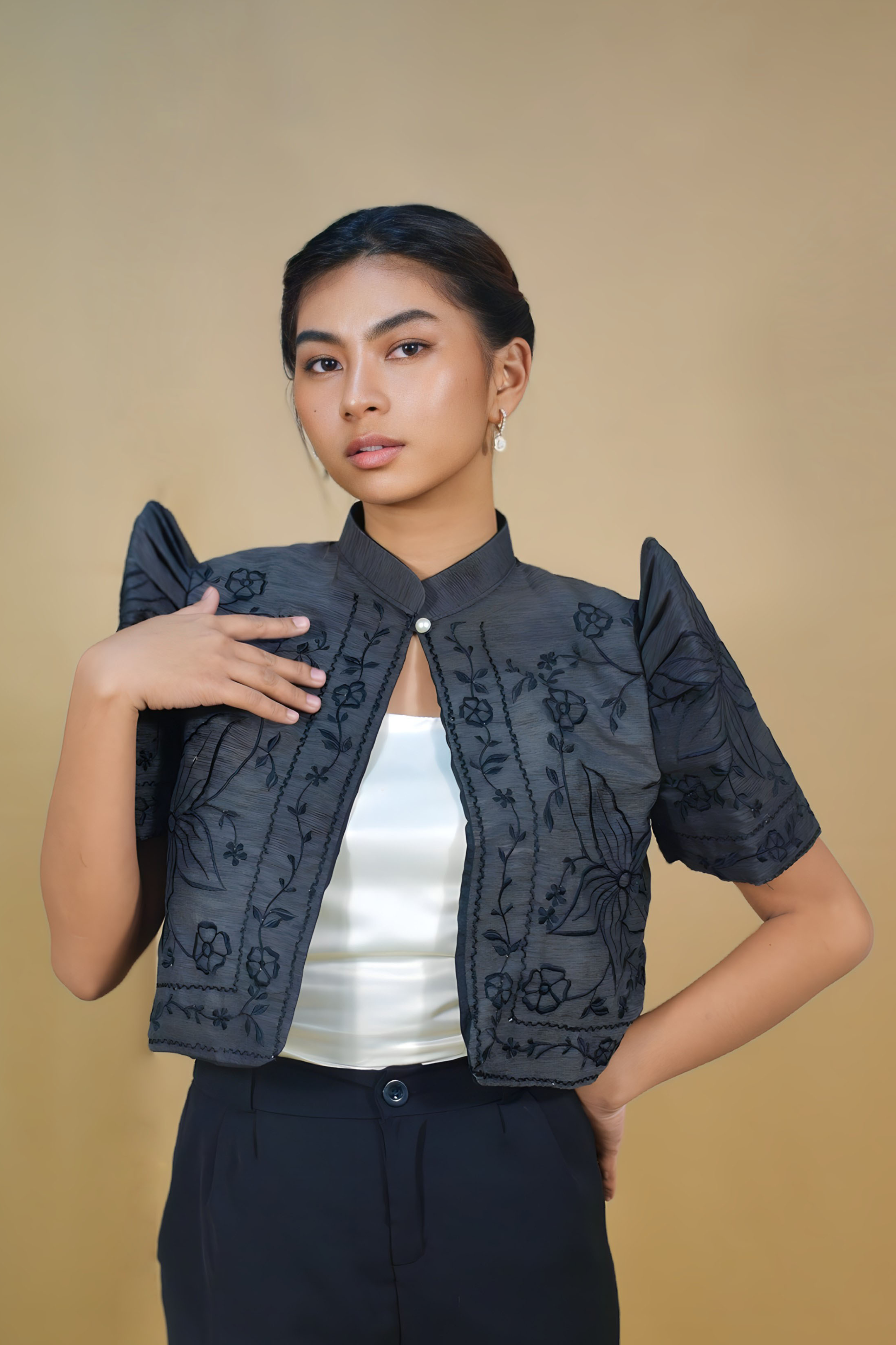 Elegant Black Bolero with Black Embroidery