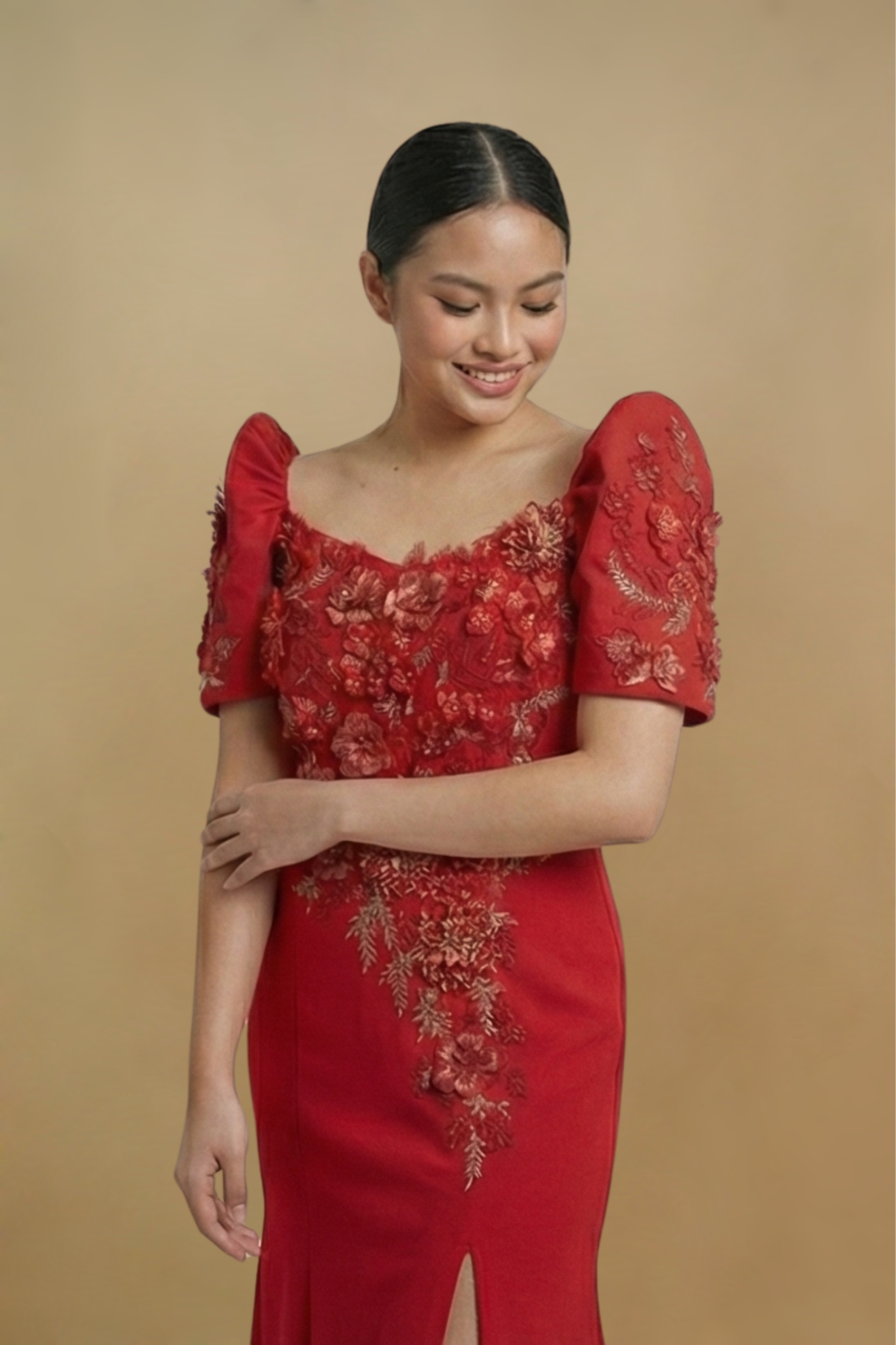 Red Serpentina Filipiniana Dress with Slit