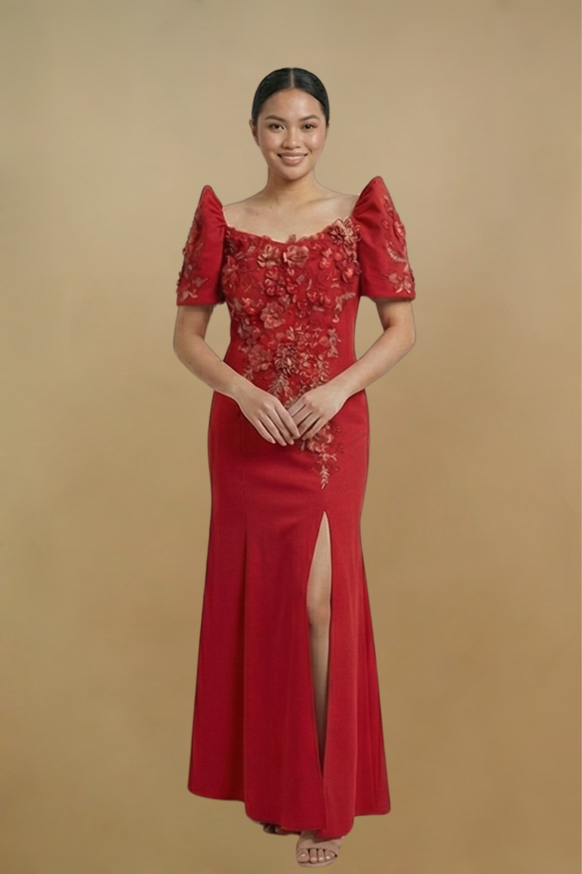 Red serpentina Filipiniana dress fitted through the body and flared below the knee