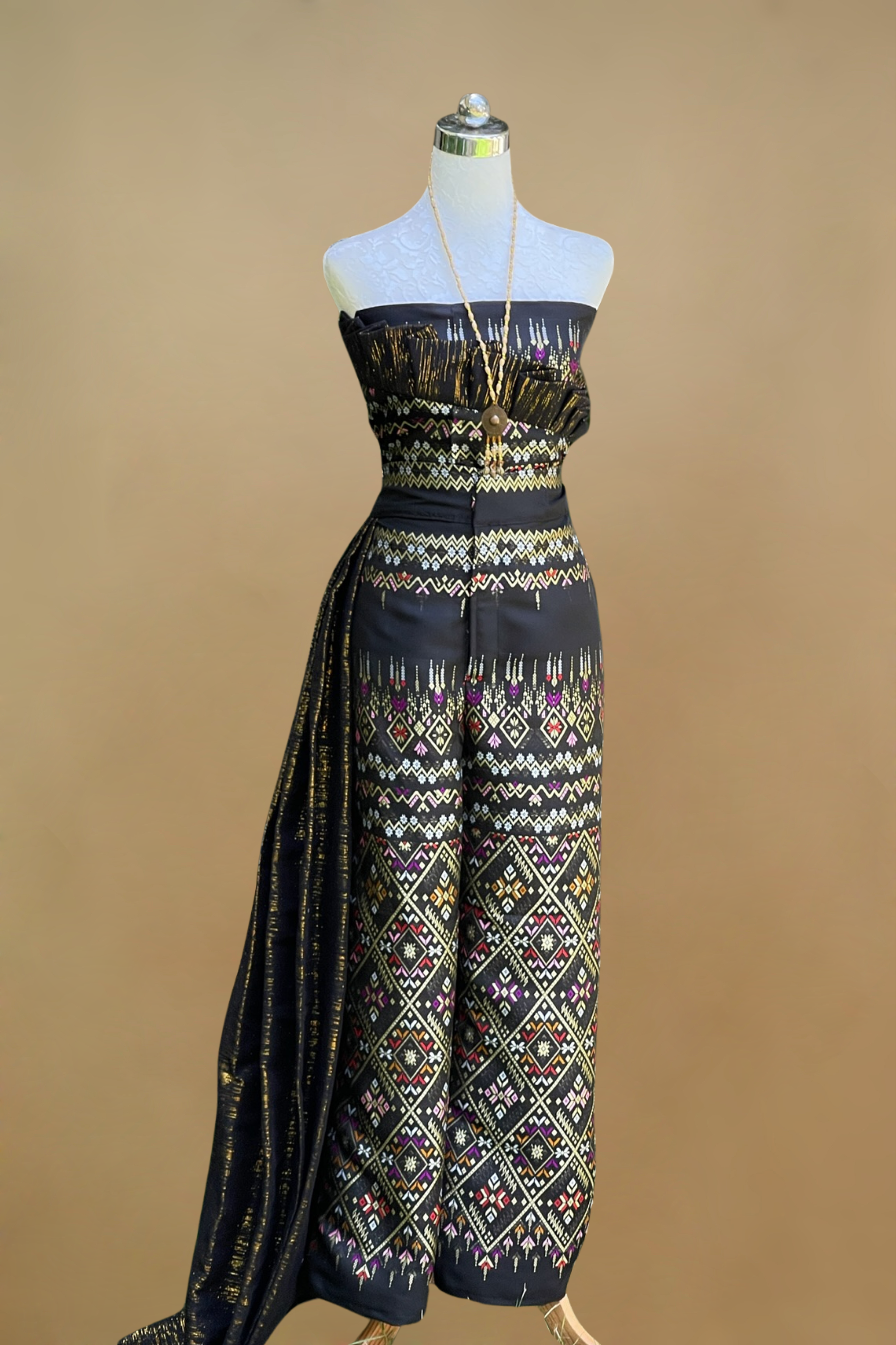 Black Filipiniana Terno Set with Detachable Sleeves