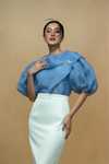 blue Filipiniana Kimona top with puffed sleeves and a white skirt 