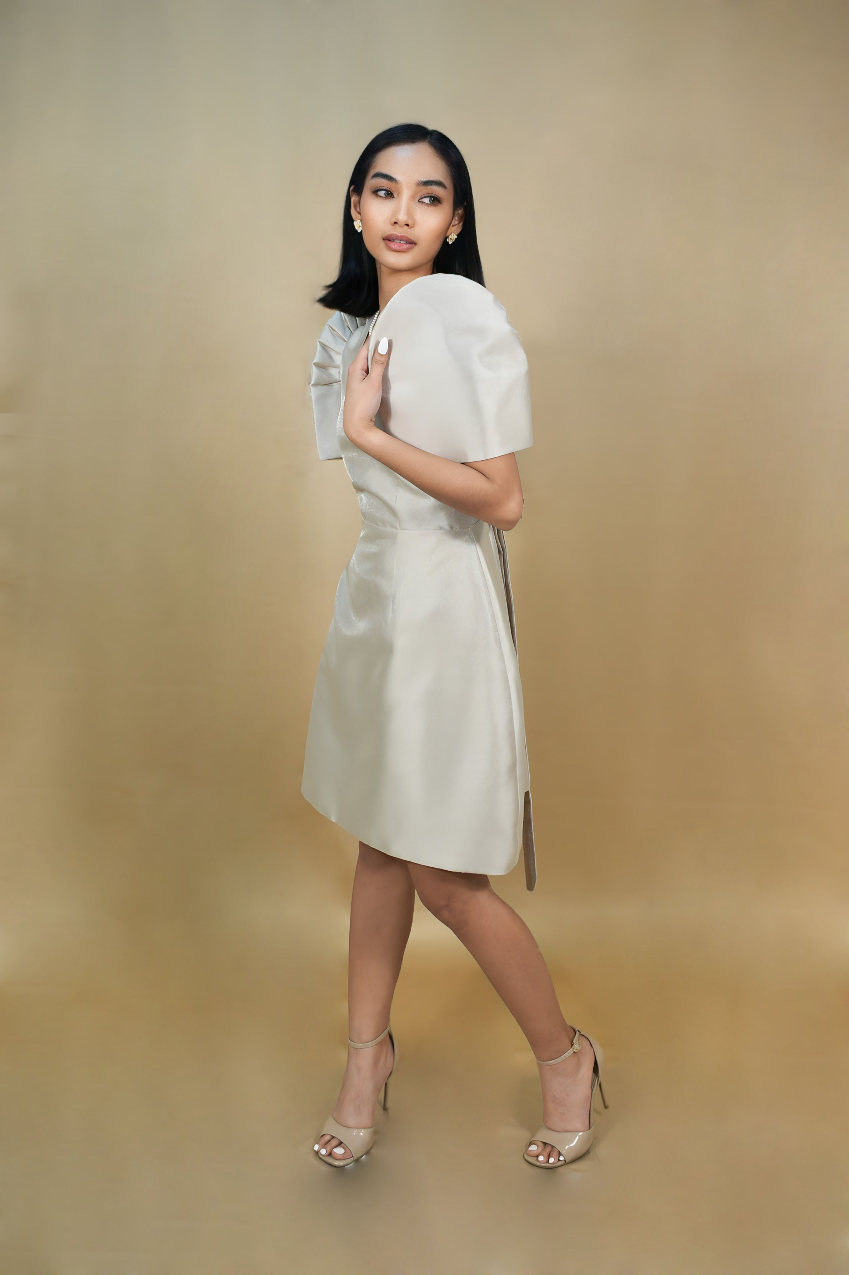 Cream Filipiniana Dress with Butterfly Sleeves for Women