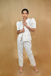 Modern White Pantsuit with Butterfly Sleeves