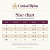 Camisa Filipina women's size chart, sizes S to XXL, measurements in inches