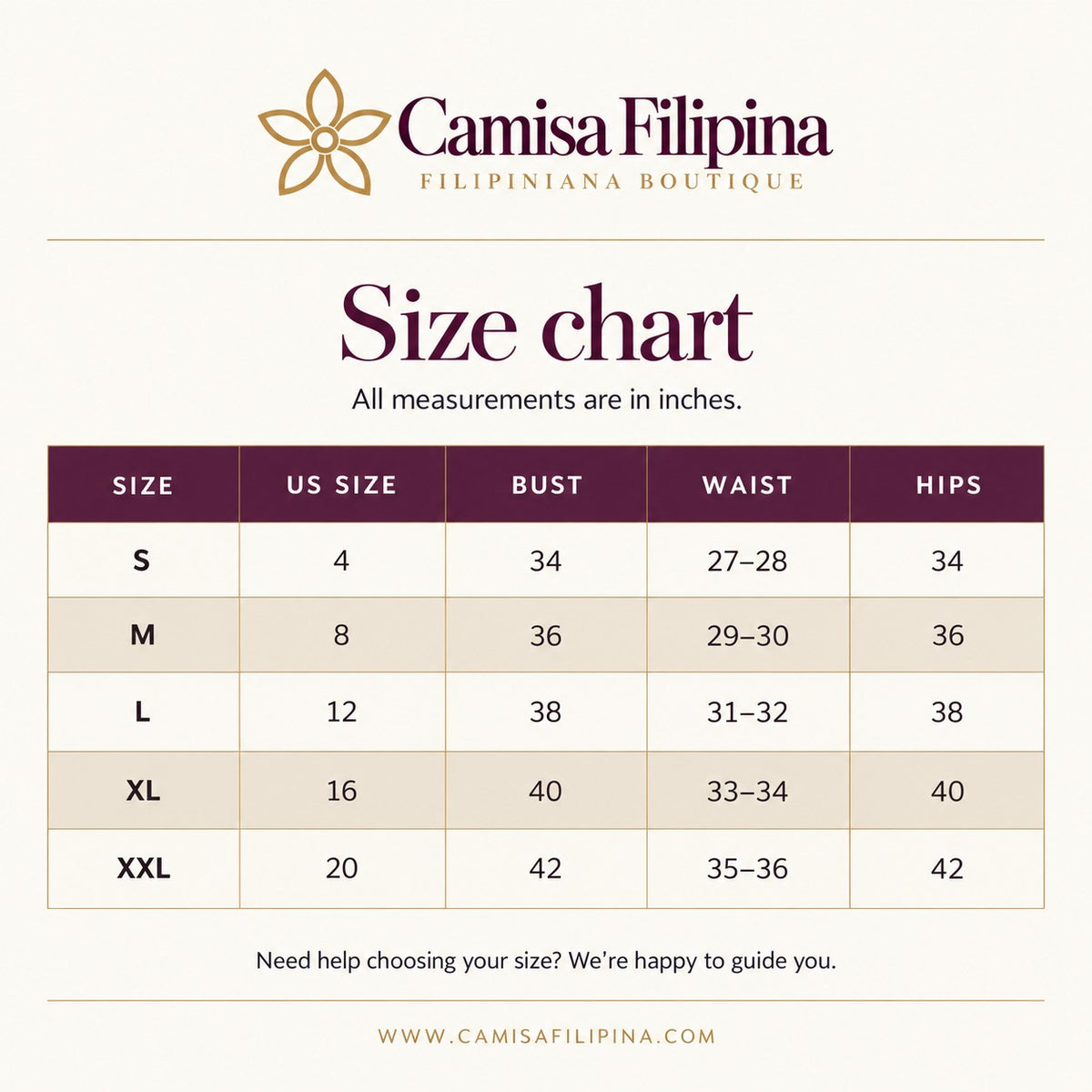Camisa Filipina women's size chart, sizes S to XXL, measurements in inches