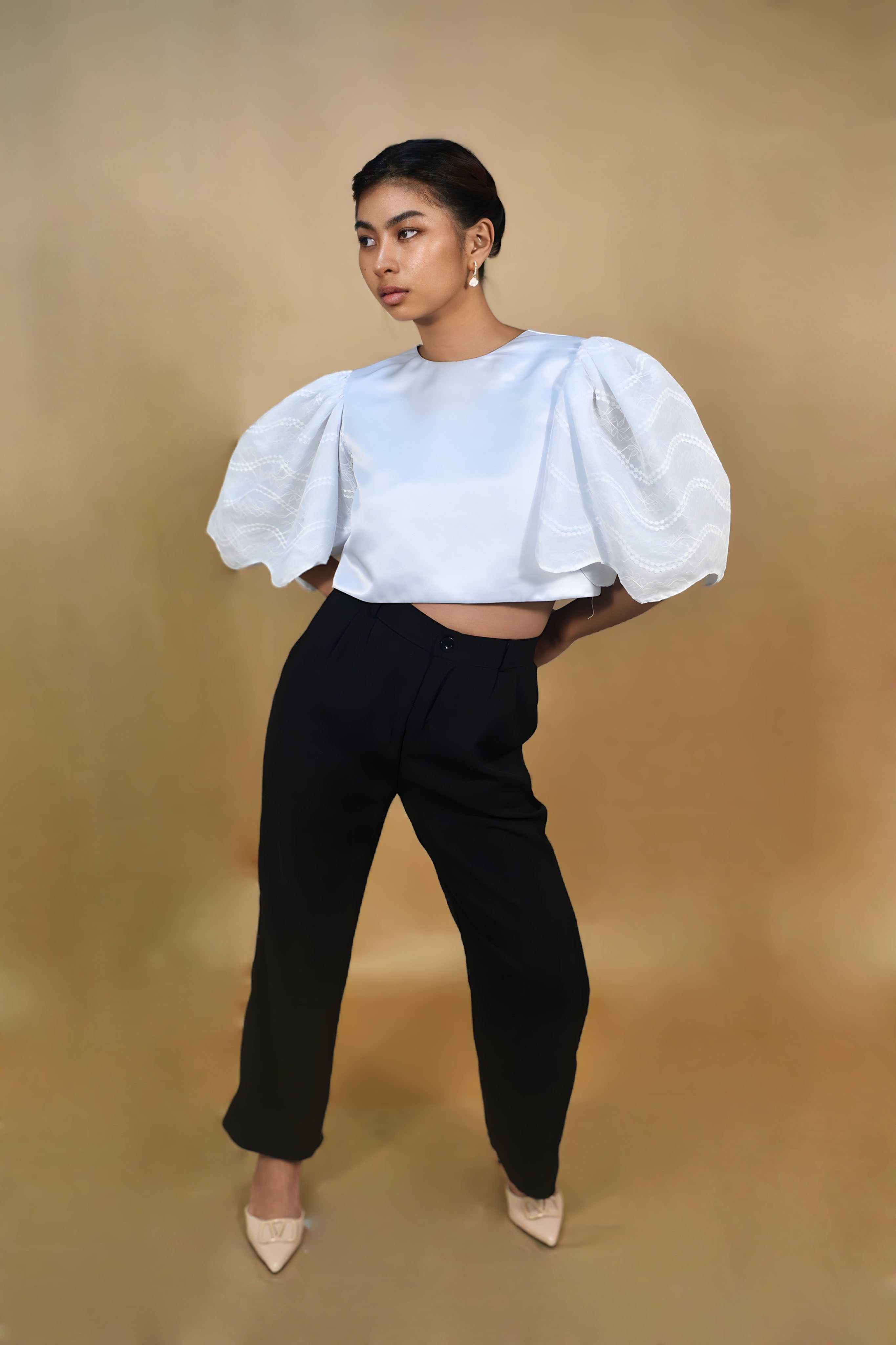White Filipiniana Top with Bell Sleeves