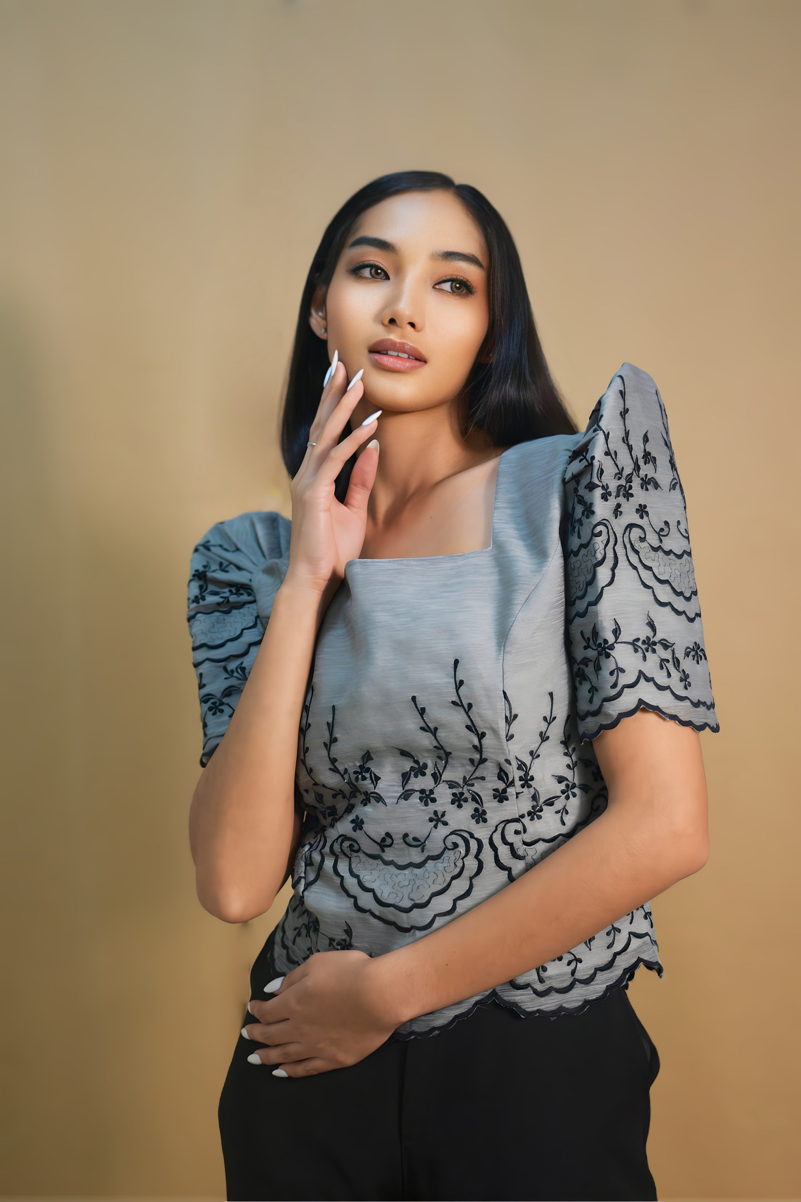 Gray Filipiniana Blouse with Black Embroidery