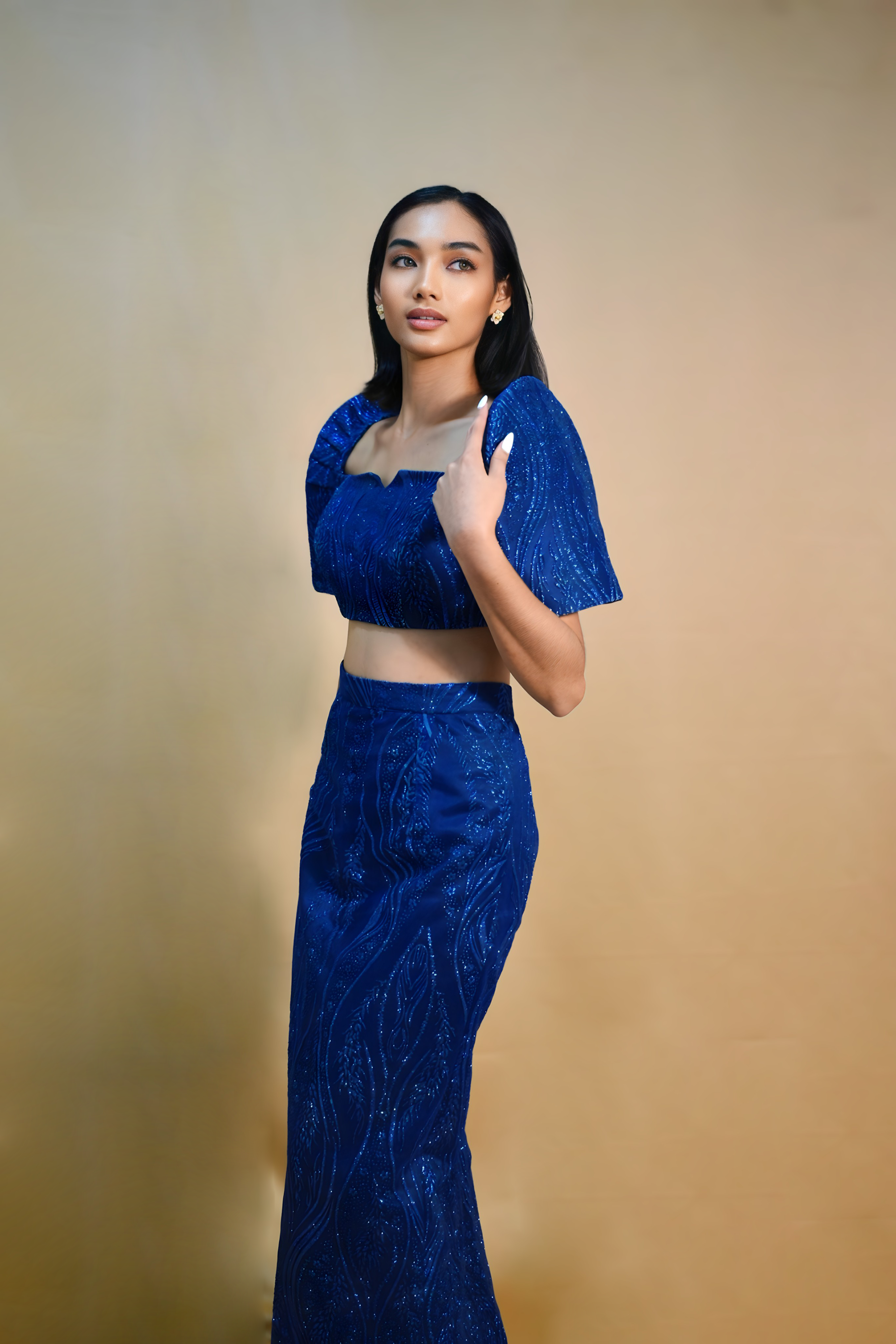Elegant Croptop Top and Long Blue Skirt Made of Duchess and Full Lace Detailing