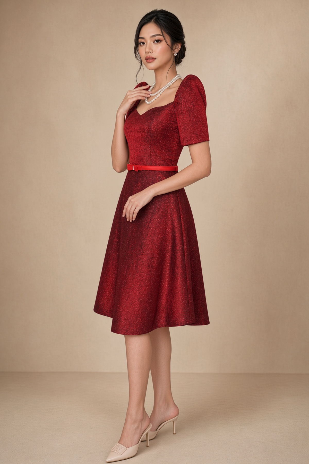 Red Filipiniana Midi Dress