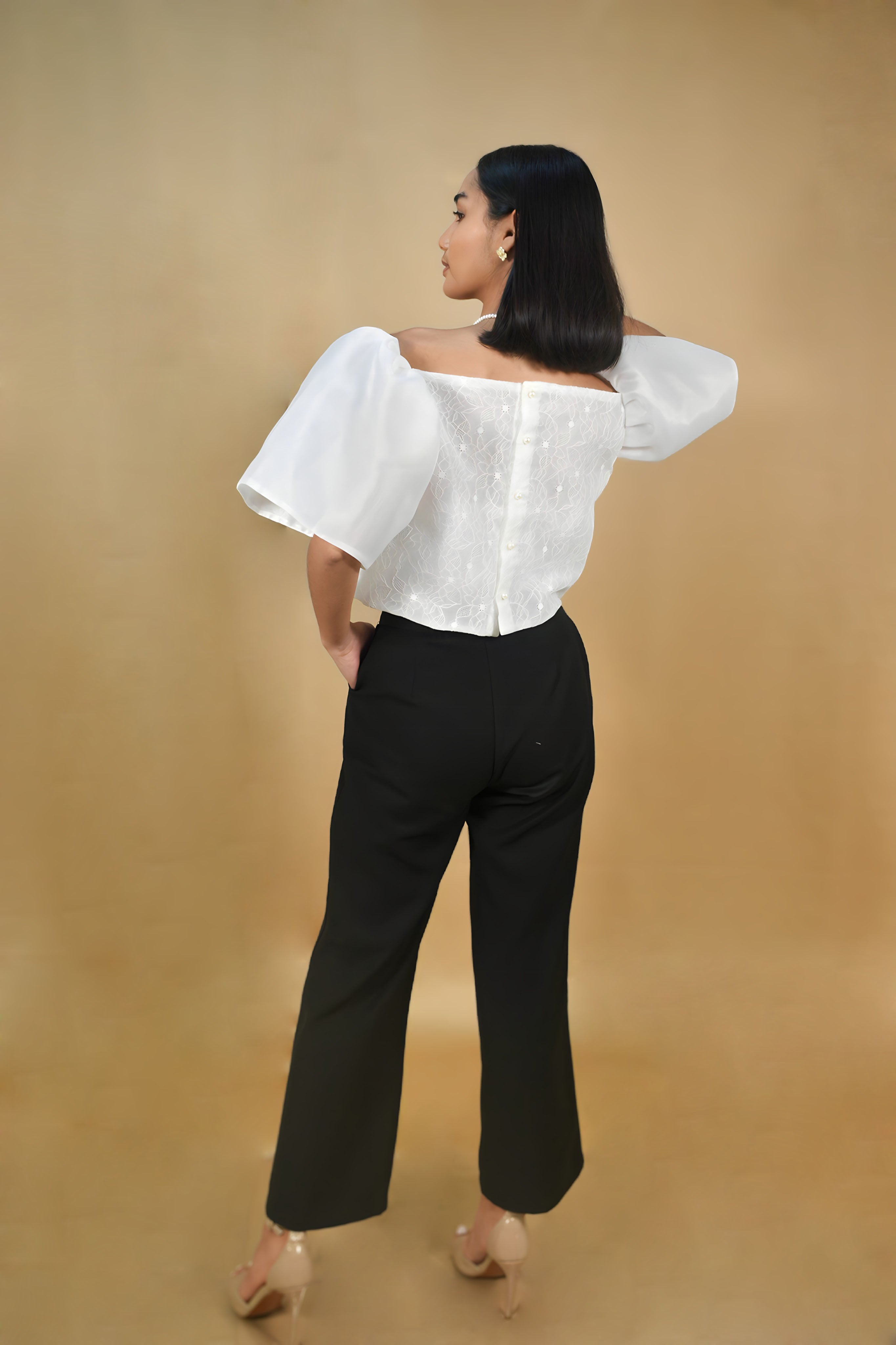 White filipiniana Kimona with floral lace
