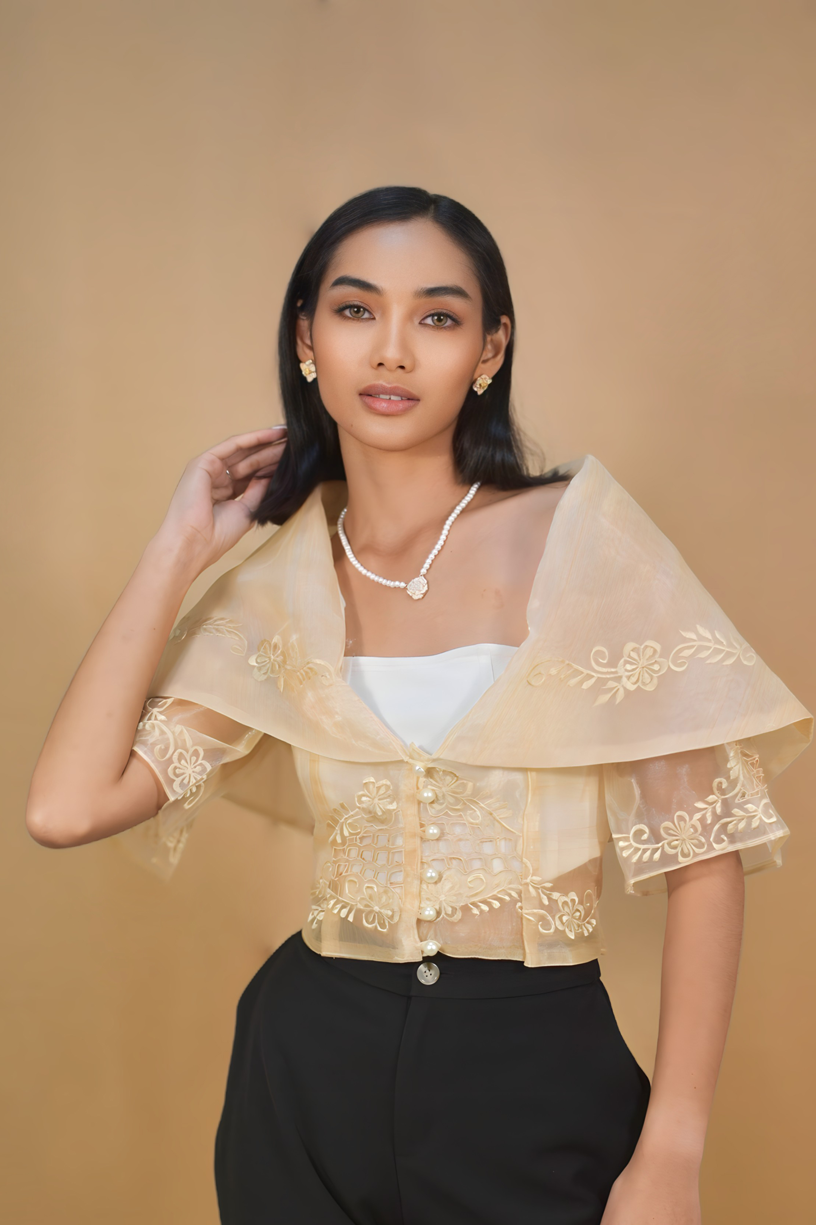 Beige Filipiniana Kimona Top for Cultural Events