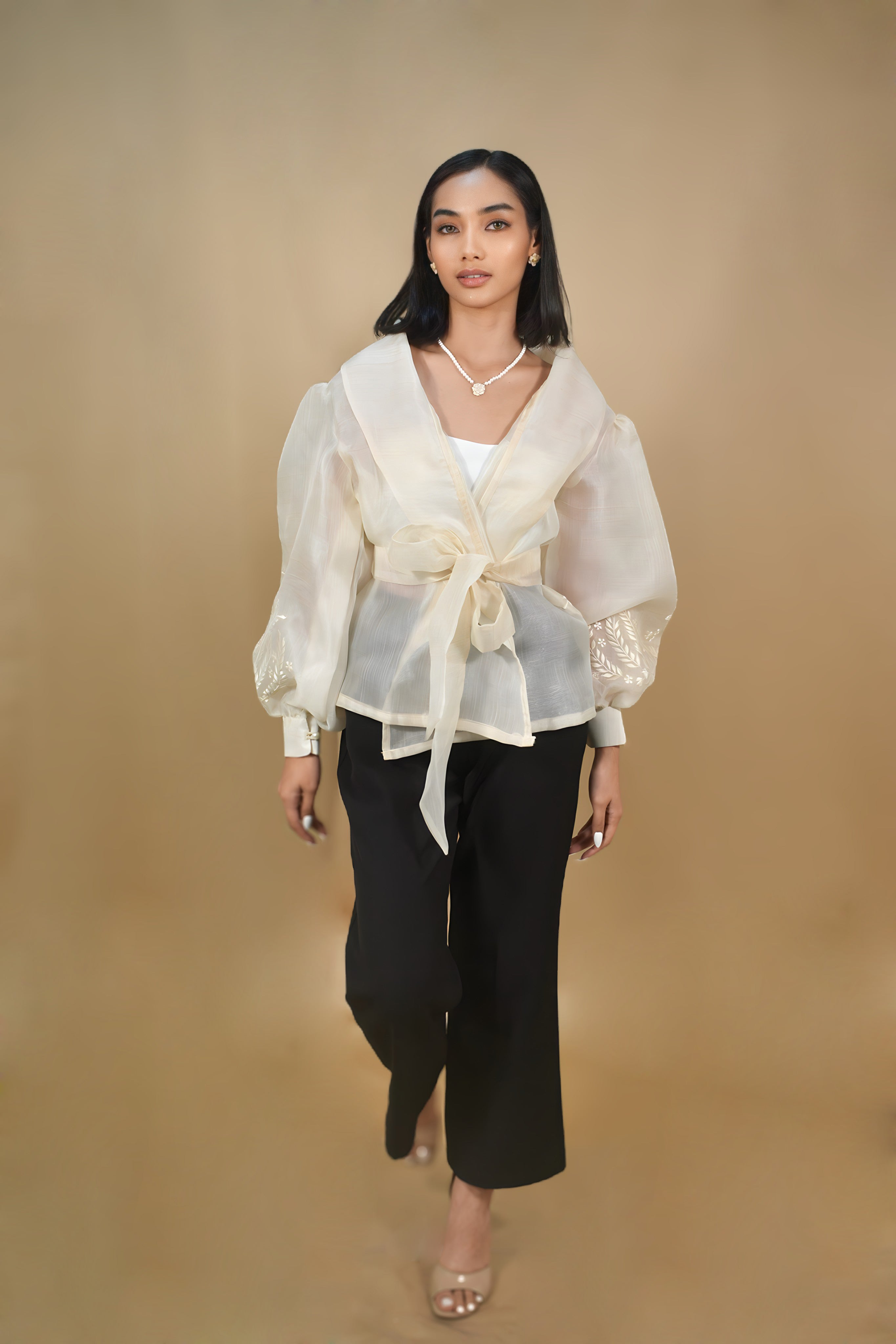 Beige Panuelo Filipiniana for Cultural Event