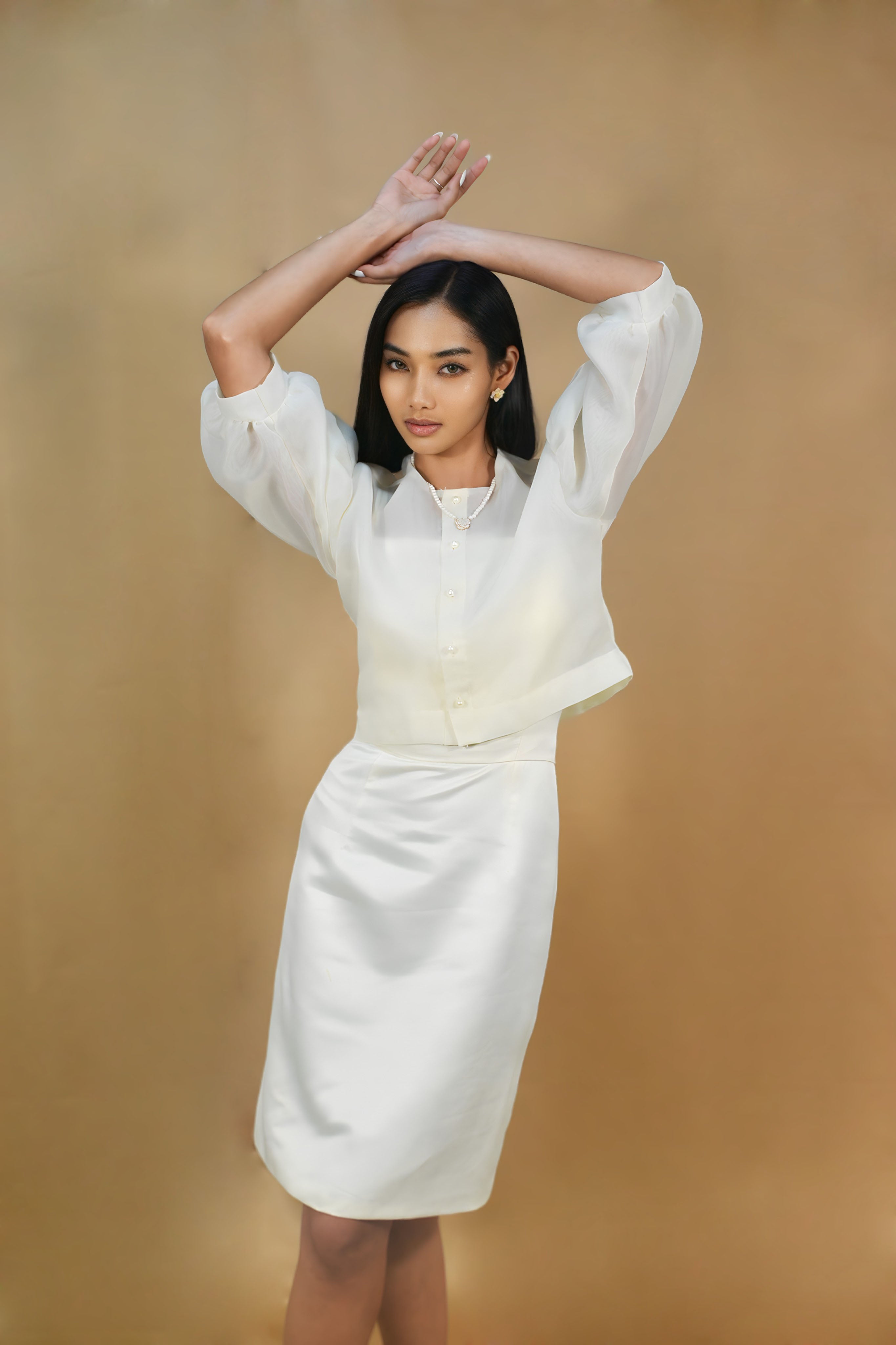 Off-white cloud organdy Filipiniana top with puff sleeves