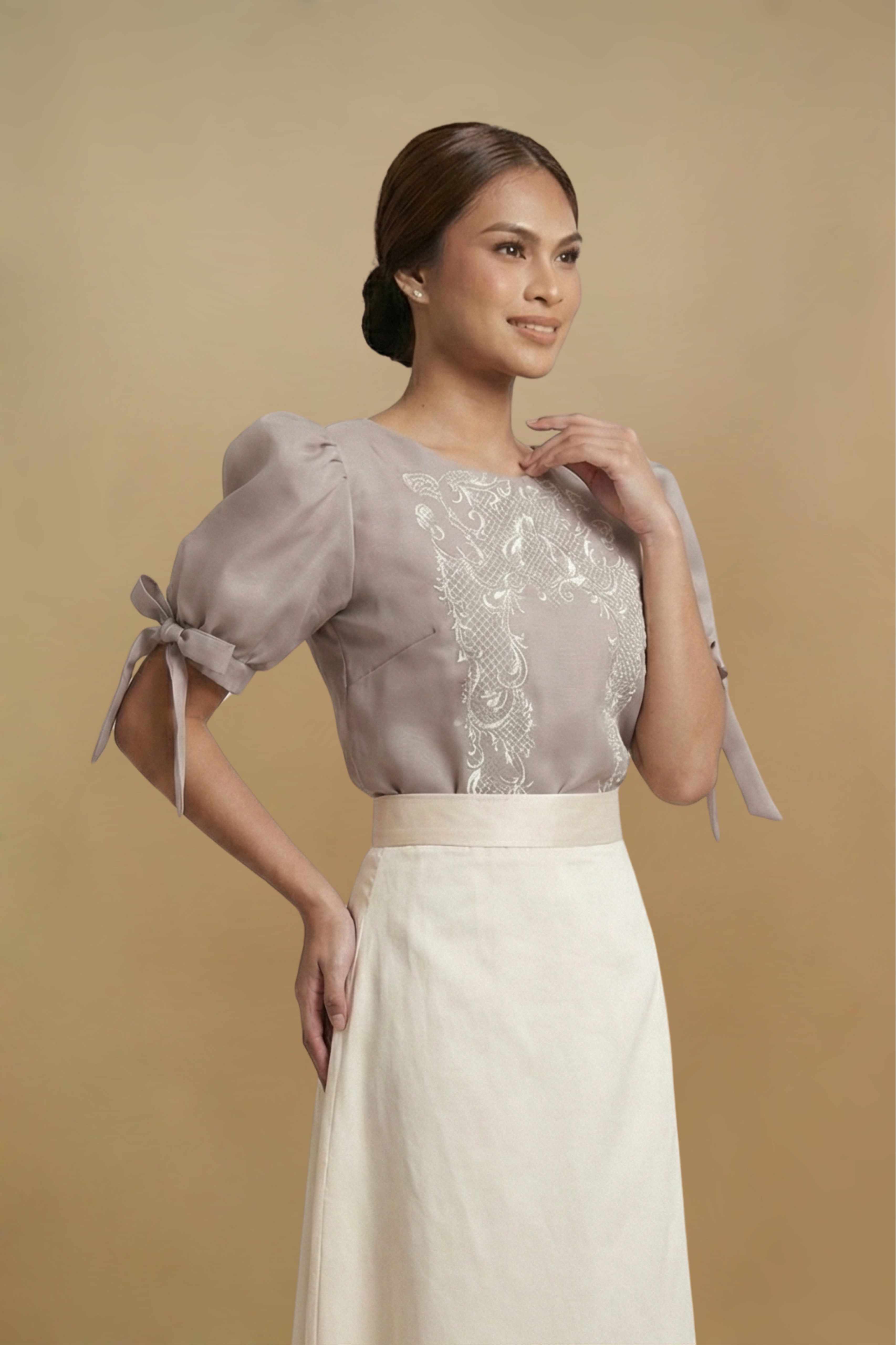 Modern Gray Filipiniana Kimona with Ribbon