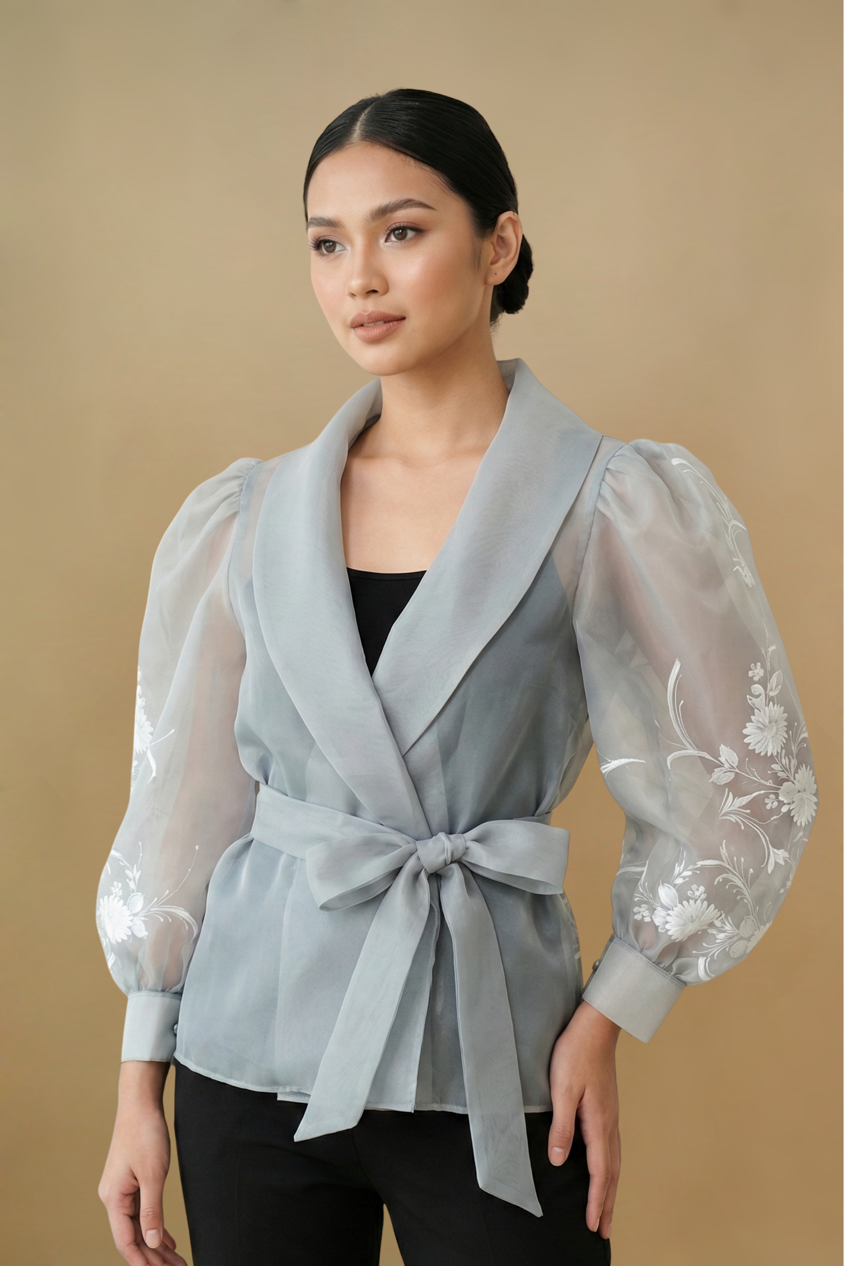 Gray Hand-Painted Filipiniana Panuelo
