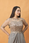 Filipiniana dress with sheer puff sleeves and flowing skirt for mothers