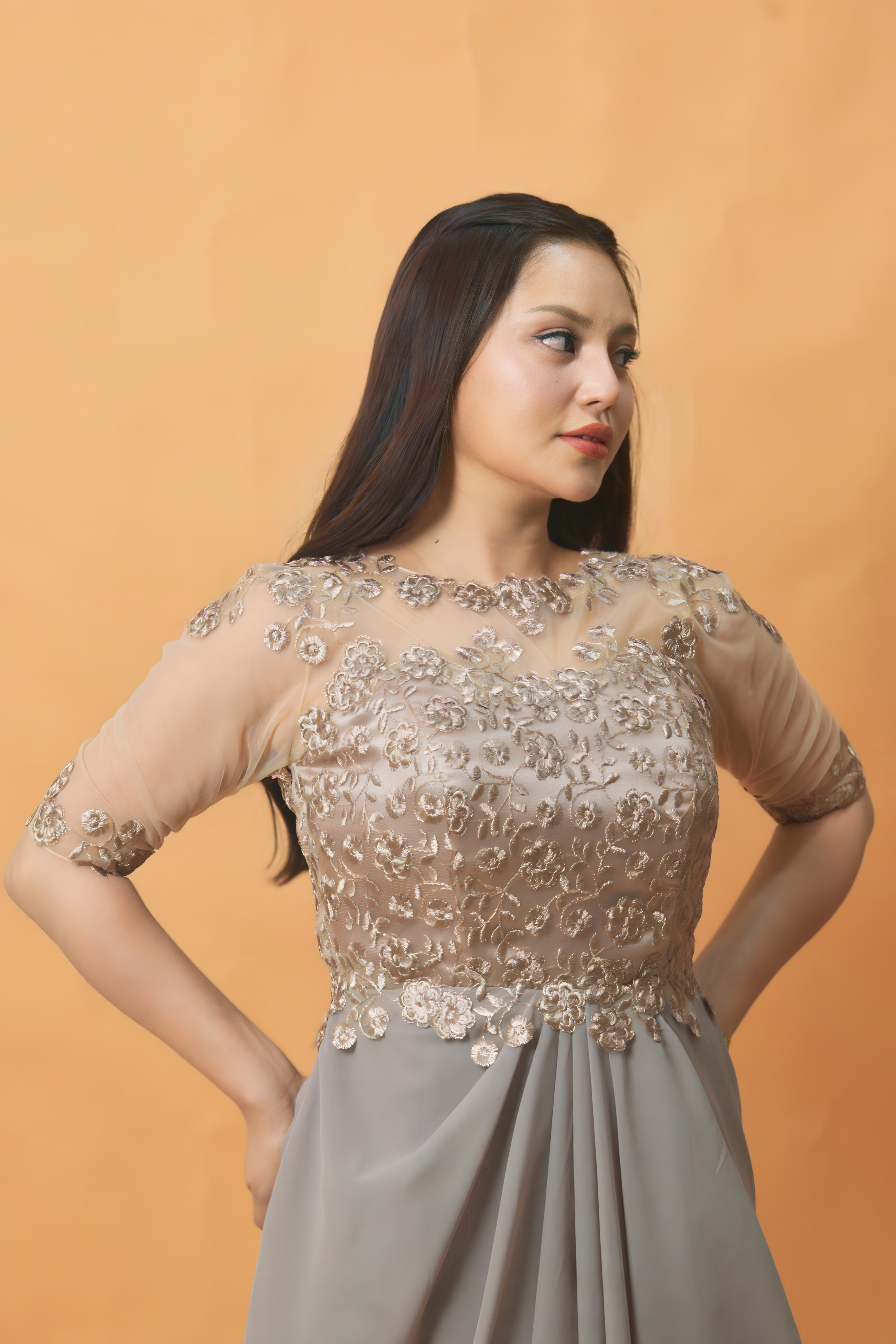 Filipiniana dress with sheer puff sleeves and flowing skirt for mothers