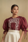 Maroon Filipiniana Kimona with puff sleeves